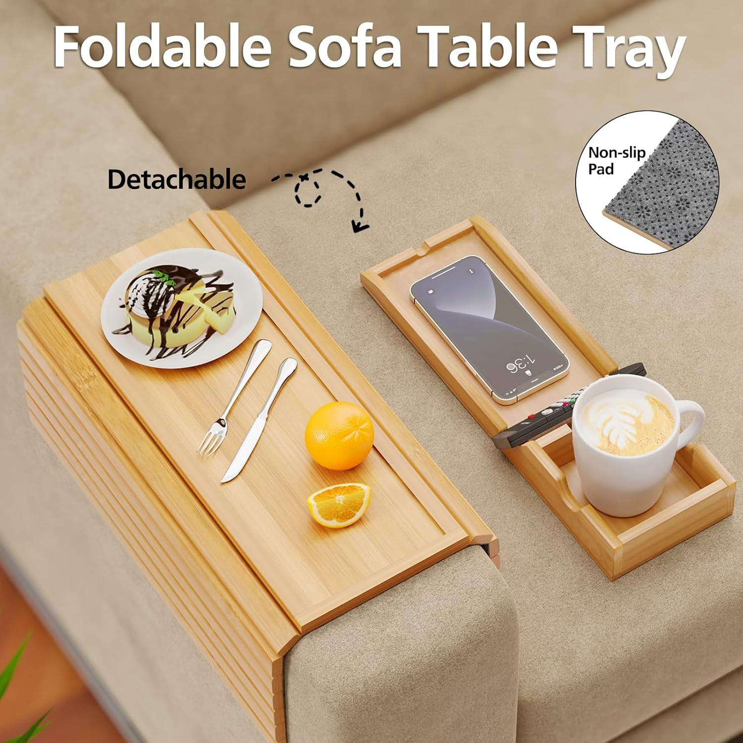 ACA Trading Couch Cup Holder Tray, Modern Sofa Armrest Tray Table with Non-Slip Pad, Wooden Bamboo Arm Table for Drinks and Food with Side-Away Tray(Natural) image number 2