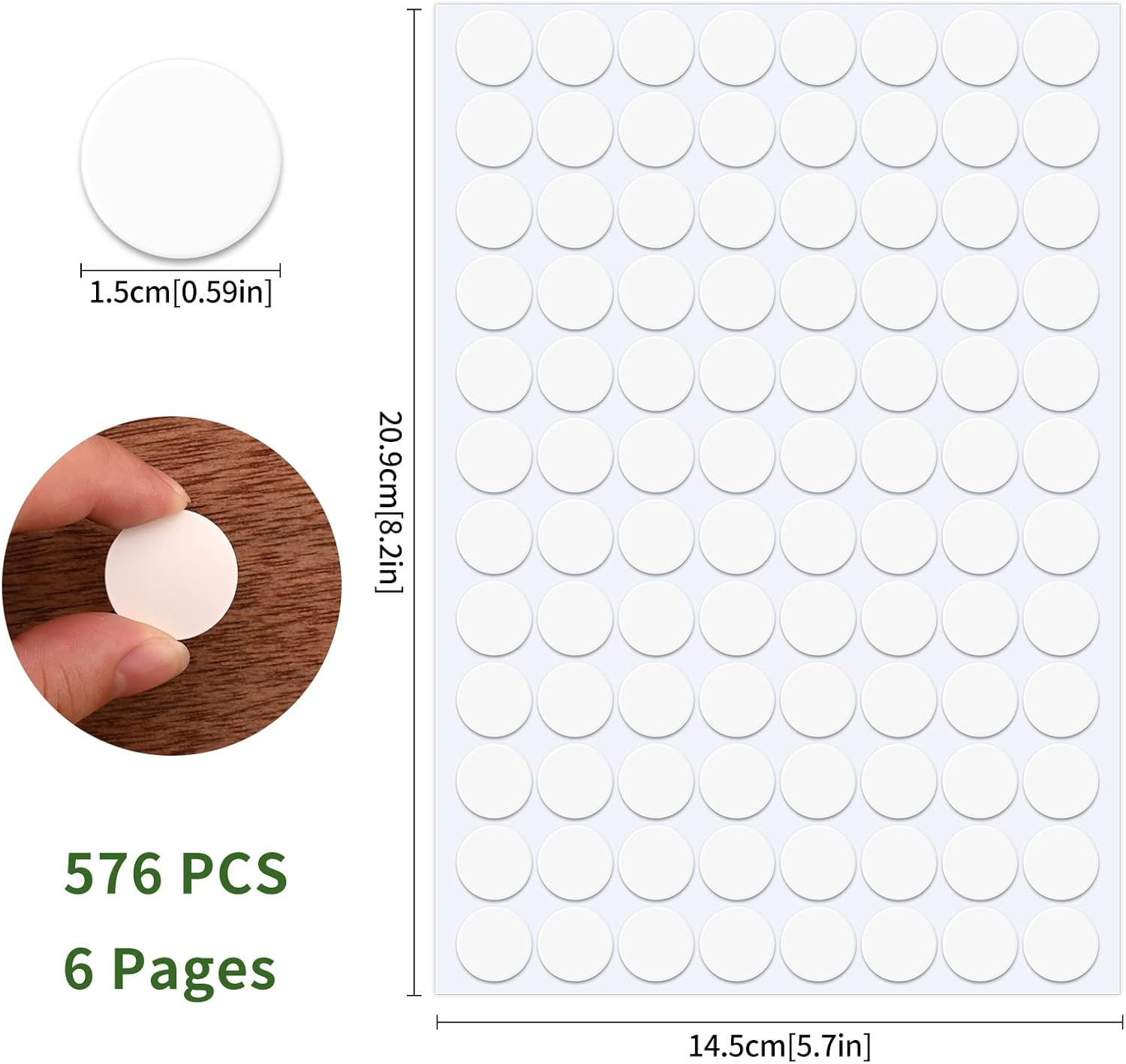 Bekecidi White Self-Adhesive Screw Hole Stickers - 6 Sheets, 576Pcs Plastic Cover Caps for Wood Furniture Cabinets - 15Mm Dustproof Covers