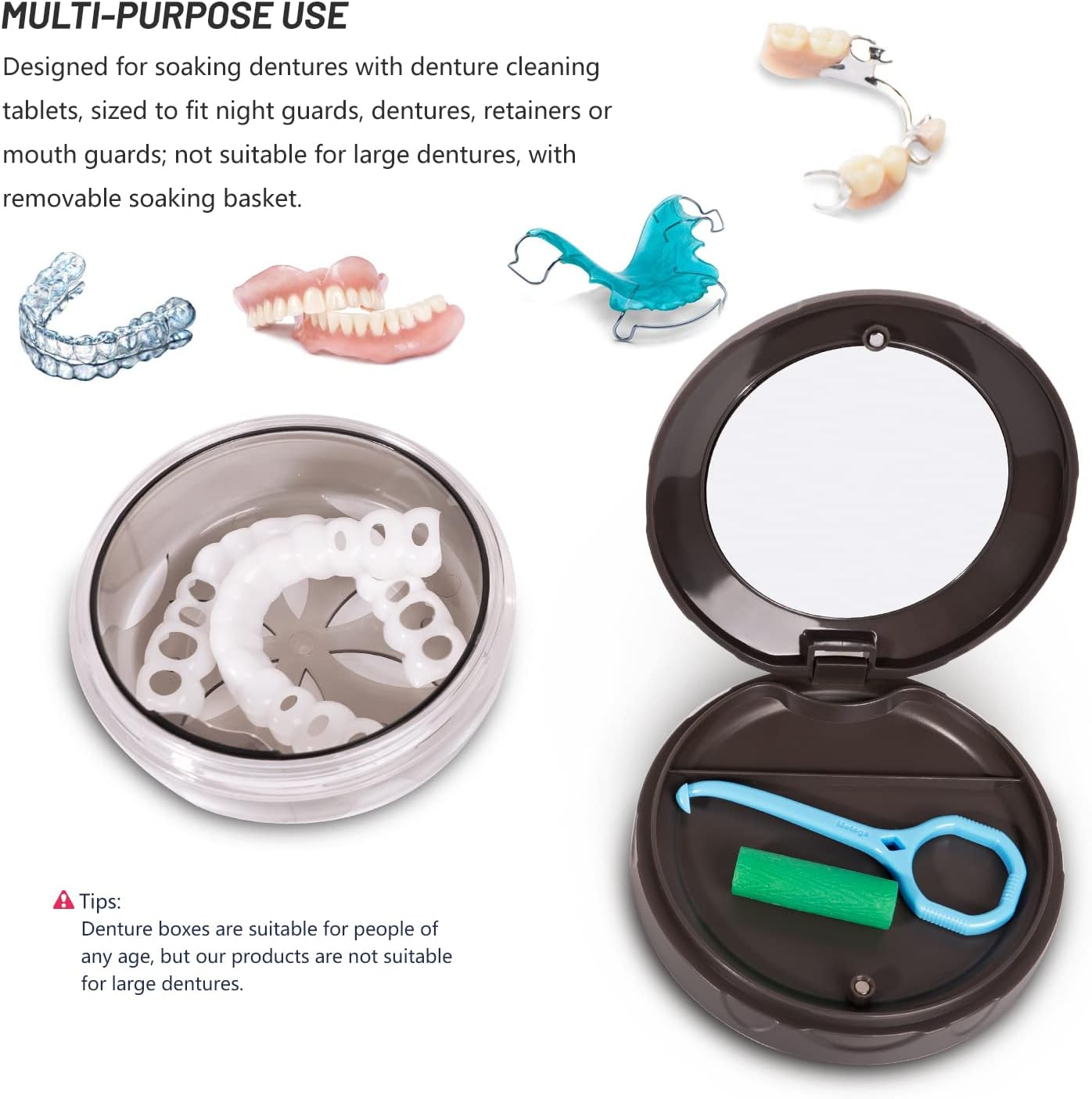 Denture Cup with Strainer & Mirror - No-Leak Retainer Case and Cleaning Box for Traveling (Grey)