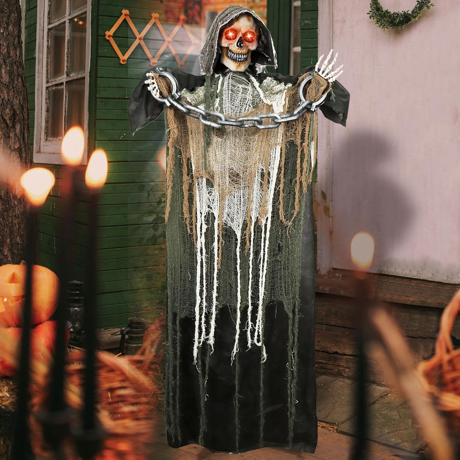 JOYIN 67" Halloween Decorations Outdoor Life Size Animatronics Grim Reaper with Chain, Sound-Actived Party Decor with Creepy Sound, Scary Haunted House Props for Garden Yard Lawn image number 2