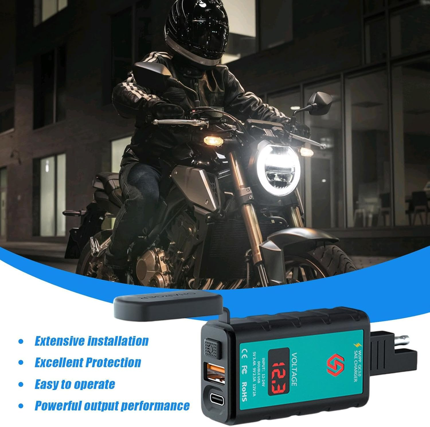 Motorcycle Phone Charger - Motorcycle SAE to USB Adapter with LED Voltmeter - Waterproof Boats Phone Accessories Adapter for Car, Atvs image number 1