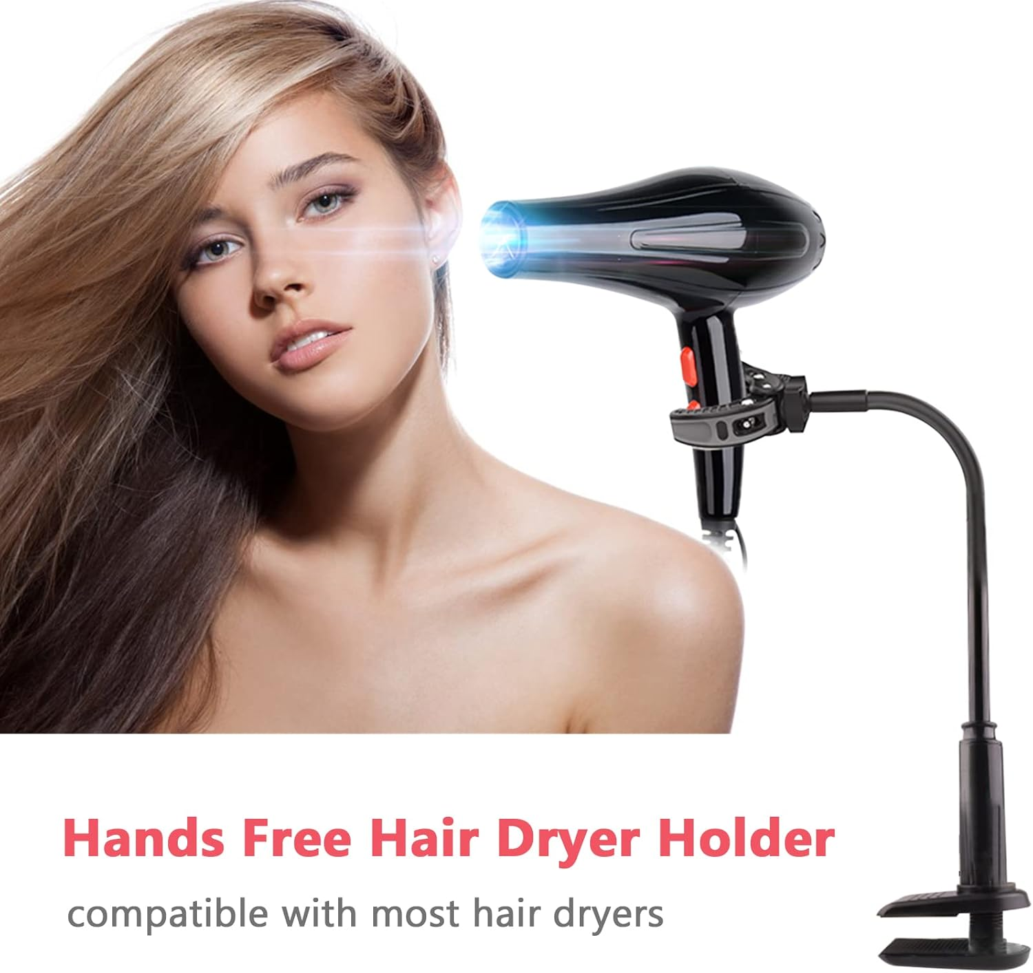 RAYWE Alloy Hair Dryer Stand 360 Degree Rotating Hands Free Hair Dryer Stand with Clamp Blow Dryer Holder Adjustable Height Hair Dryer Holder image number 2