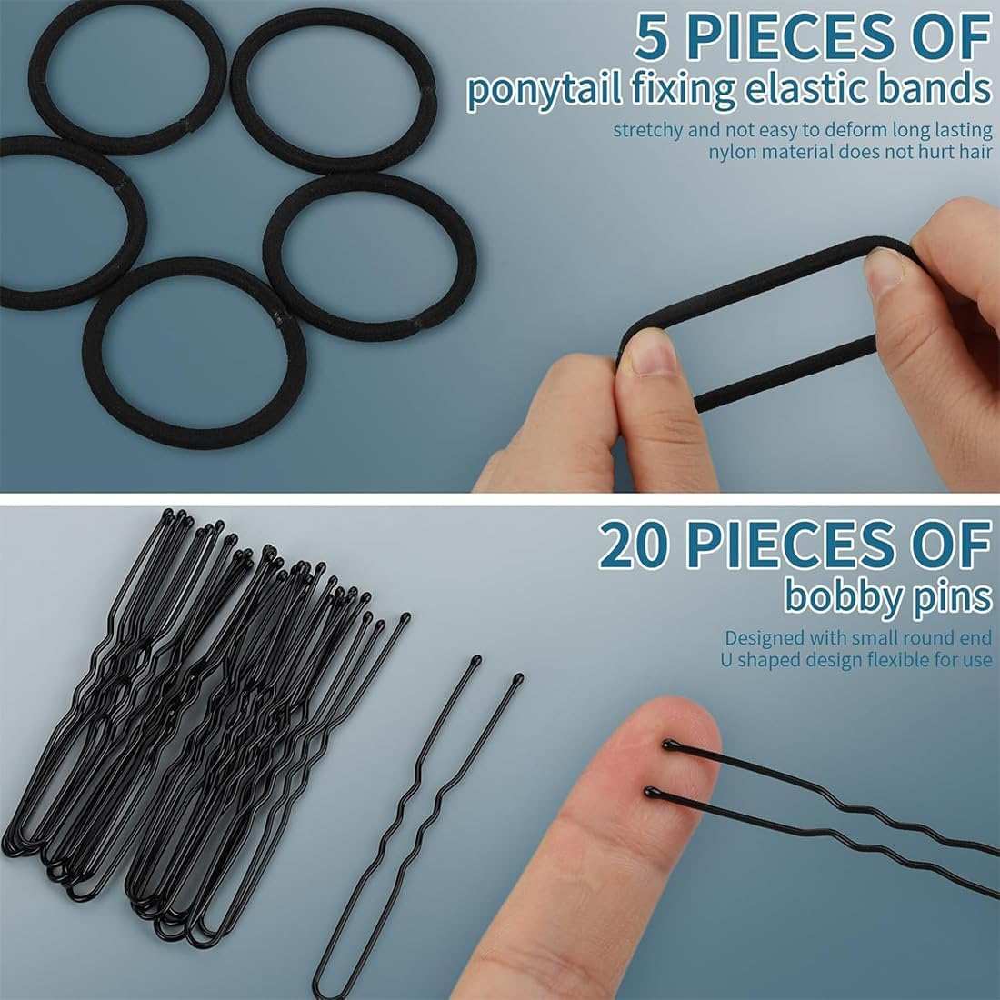 KIRZAX 7-Piece Doughnut Hair Bun Maker Set with 5 Elastic Hair Bands, 20 U-Shaped Hair Clip, Hairpin, Bun Aid Updo Accessories, Bun Maker for Children, Girls, Women (Beige) image number 4