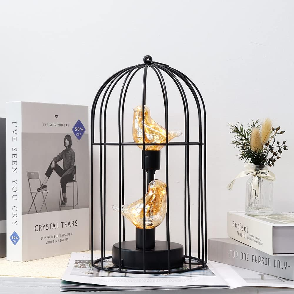 JHY DESIGN Birdcage Decorative Lamp Battery Operated 30CM Tall Cordless Accent Light with Warm White Fairy Lights Bird Bulb for Living Room Bedroom Kitchen Wedding Xmas(Black) - Black Double Bird image number 5