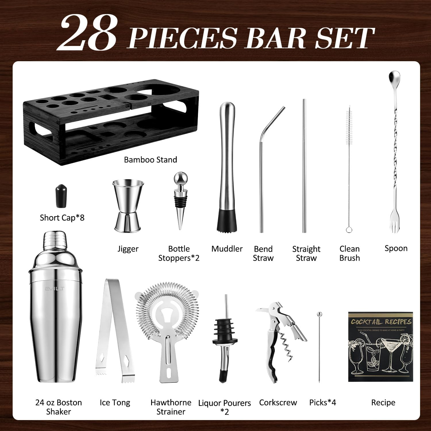 Mixology Bartender Kit Bar Set with Bamboo Stand, 28Pcs 24Oz Cocktail Shaker Set Cocktail Kit, Professional Stainless Steel Bar Tool Set, Black image number 4