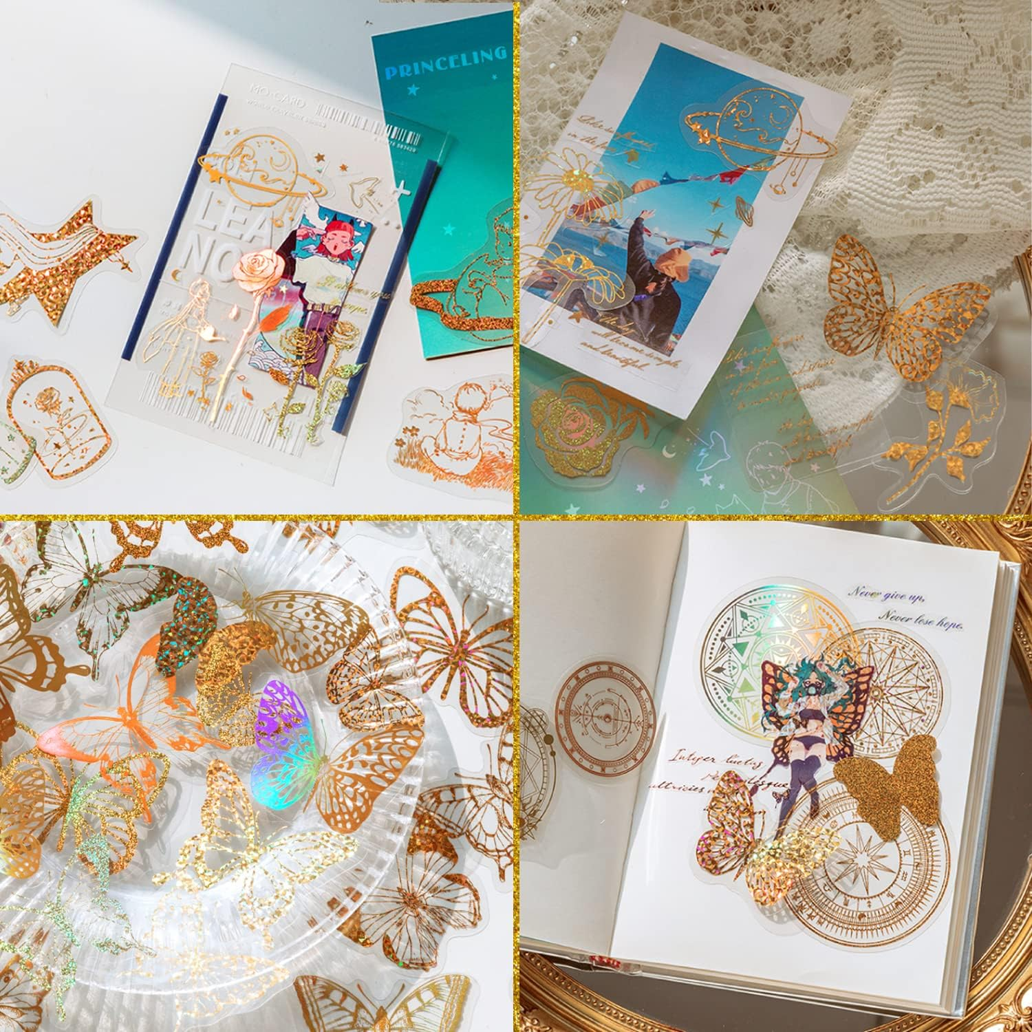 YOKSAS Yoksas 360Pcs Golden Holographic Sticker Set - Transparent Glitter Gold Foil Resin Stickers for Scrapbooking, Laptop, Water Bottles, Journaling, Gold,Golden,Transparent (ST-230) image number 1