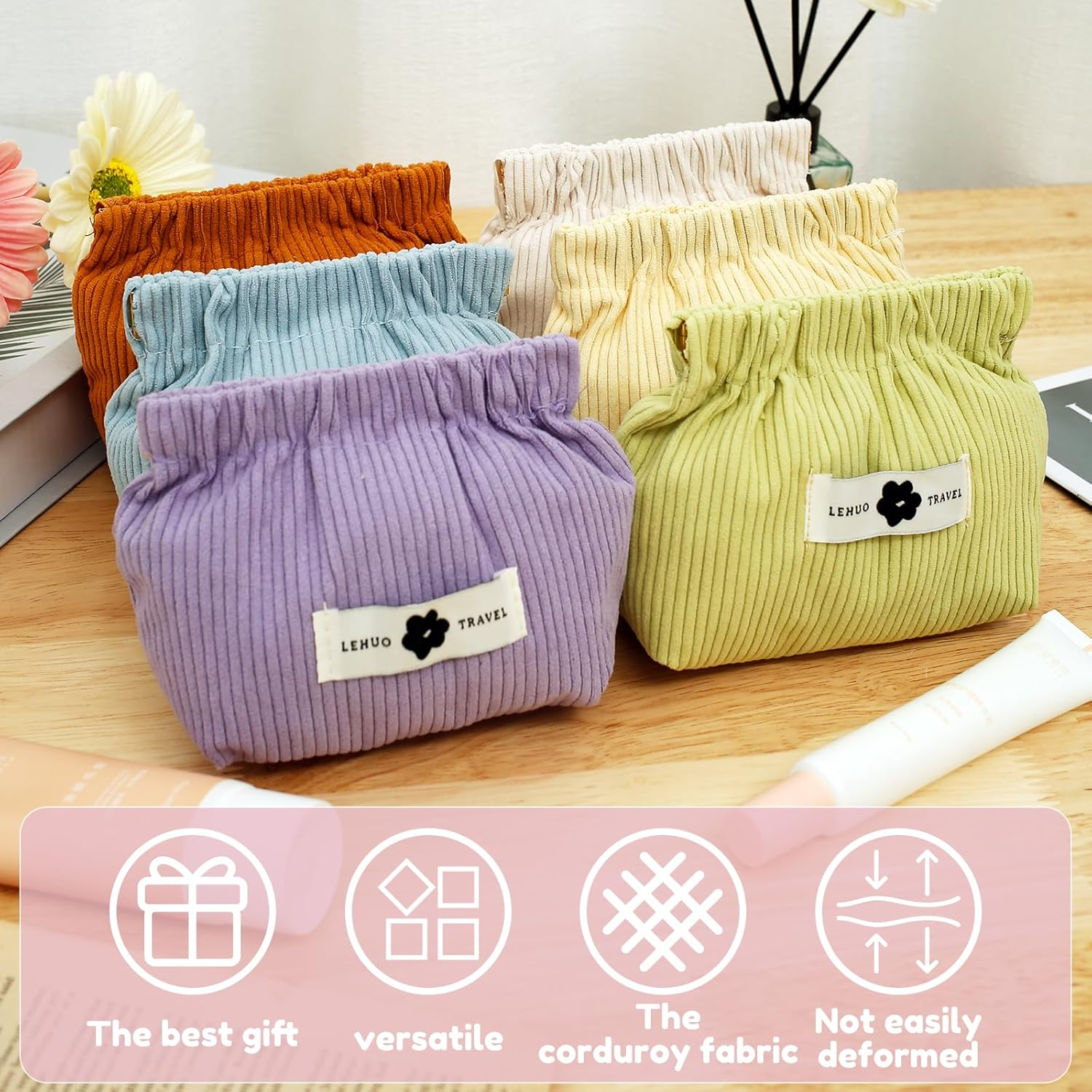 6Pcs Mini Pocket Makeup Bag Travel Corduroy Makeup Pouch Cute Small Cosmetic Bag Squeeze Top Coin Purse Portable Makeup Pouch Travel Purse Organizer Storage for Women Accessories Gift, 6Pcs, Makeup image number 5