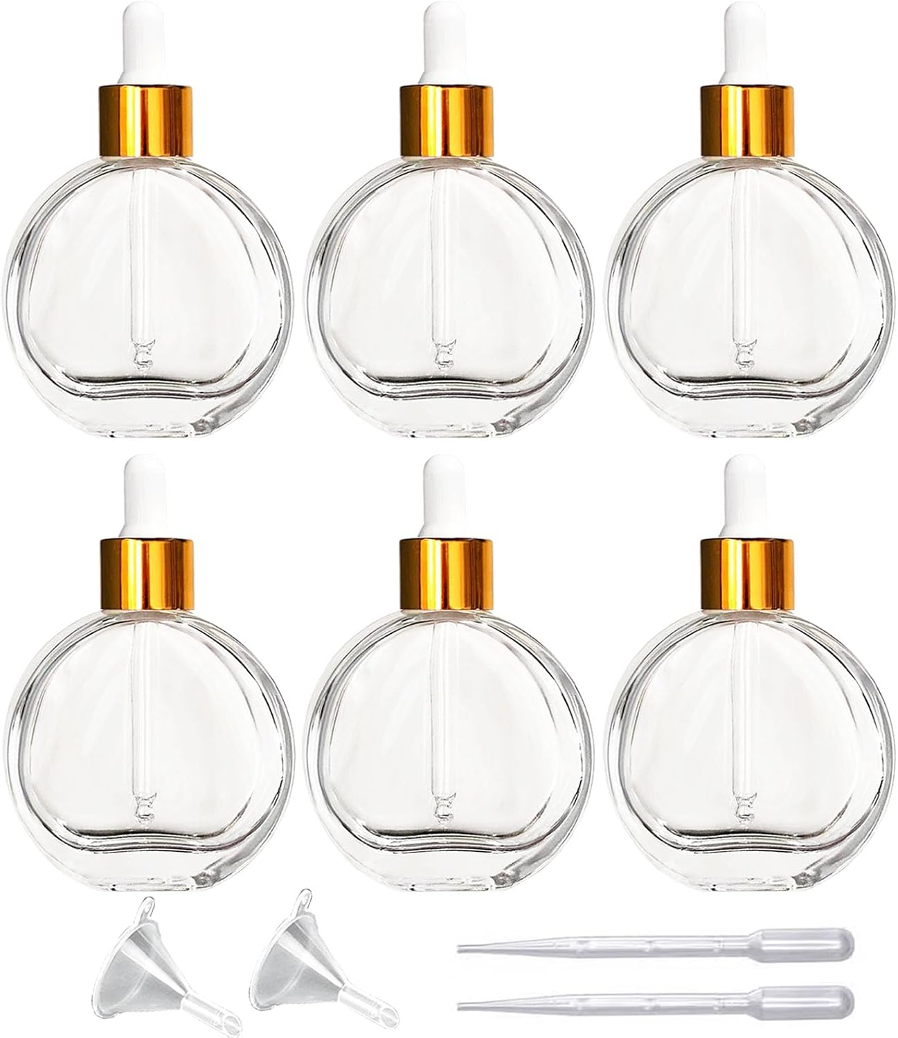 6Pcs, 2 Oz Glass Dropper Bottles for Essential Oils ，60Ml Flat round Perfume Bottle with Eye Droppers， for Essential Oils, Perfumes, Serums - Leakproof for Travel (A- Clear), PYAWI-PY01