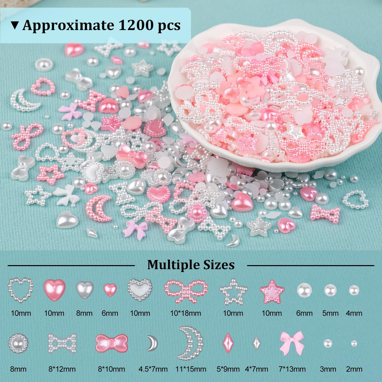 1200Pcs 3D Multi Shapes Nail Charms and Flatback Pearls, White&Pink Mix Styles Heart Star Bow Sunflower Embellishments for Nail Art, Craft and Decoration with Tweezer and Pickup Pencil image number 1