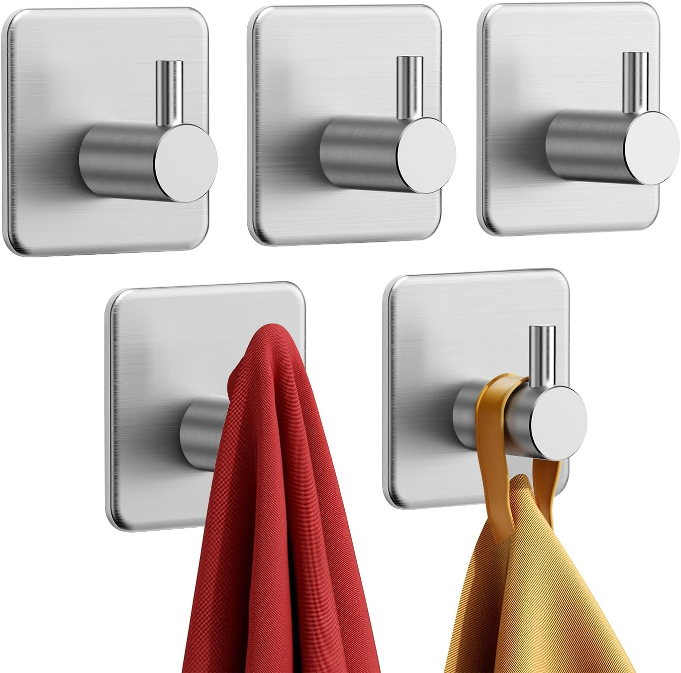 Auxmir Adhesive Wall Hooks Heavy Duty 30Lb/14Kg(Max) Towel Hooks, 5 Packs Self Adhesive Utility Hooks Stainless Steel for Coat Robe, Waterproof Rustproof Oilproof for Bathroom Shower Kitchen Office