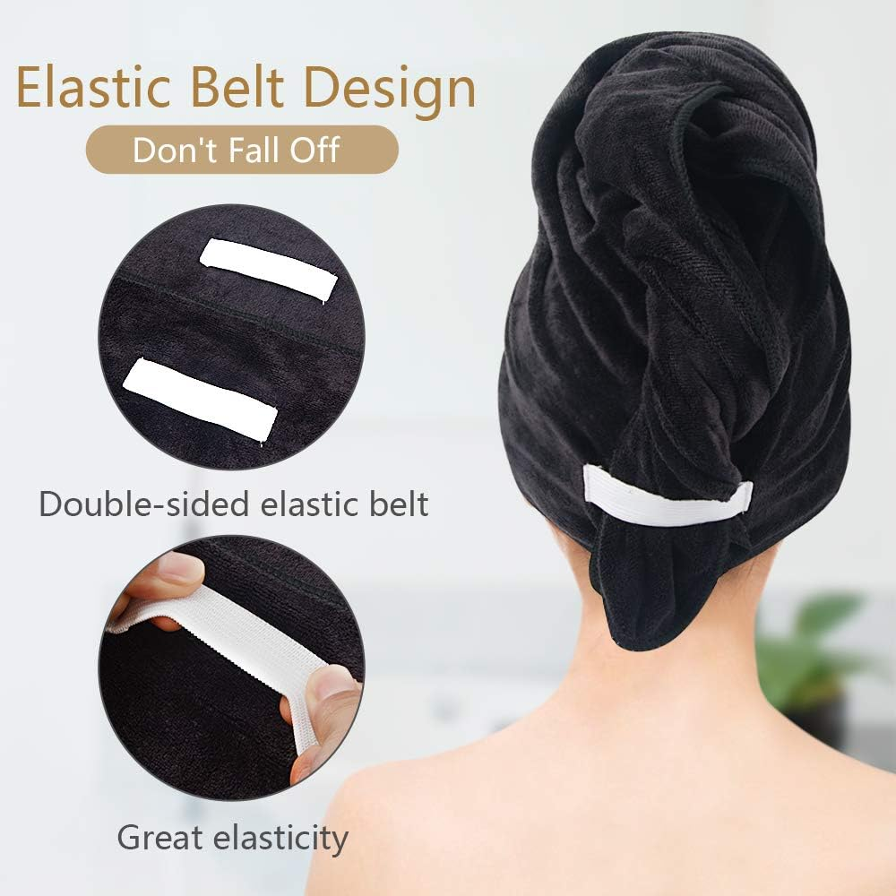 Sunland Microfiber Hair Towels anti Frizz Hair Drying Towel Super Absorbent Fast Drying Turbans for Wet Curly Hair Soft Hair Towel Wrap with Elastic Band for All Hair Types 40 X 20 Inches 2Pack Black image number 6