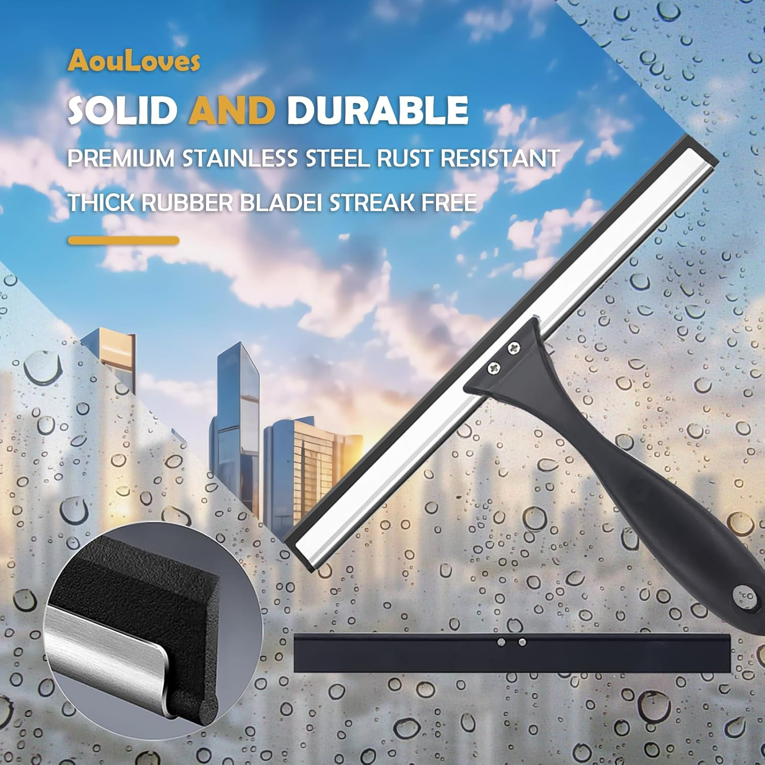 Aouloves Shower Squeegee for Bathroom Glass Doors,Rubber Window Cleaner Squeegee,All-Purpose with Hook Doors, Windows, Mirrors,Tiles and Car Glass, 10 Inches (10-Inch, Black) 10In - White image number 3