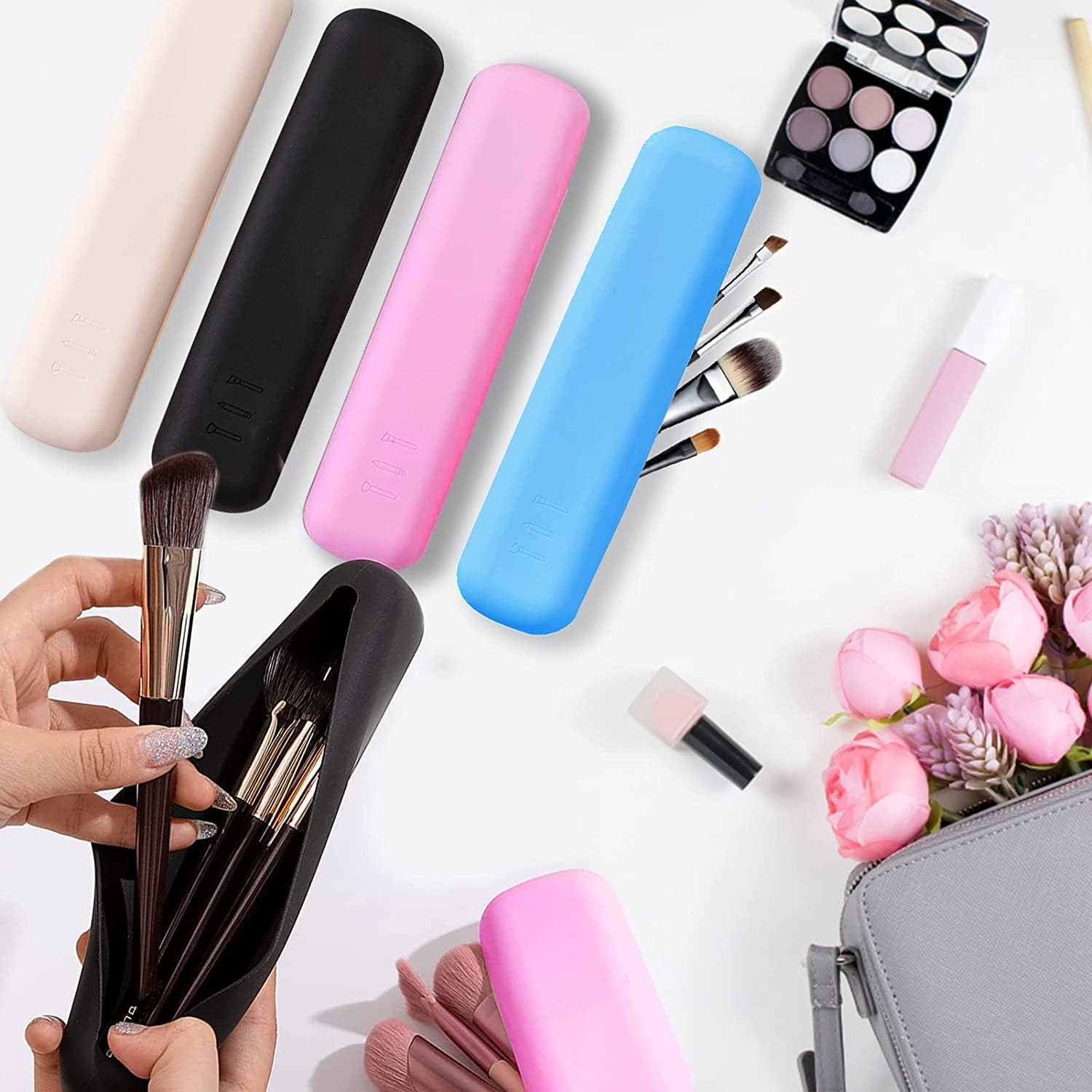 Trendy Makeup Brush Holder, Silicon Make up Brushes Travel Holder - Portable Makeup Brush Case Organizer, Cosmetic Brush Covers Traveling, Waterproof Makeup Brush Pouch Bag (Blue)