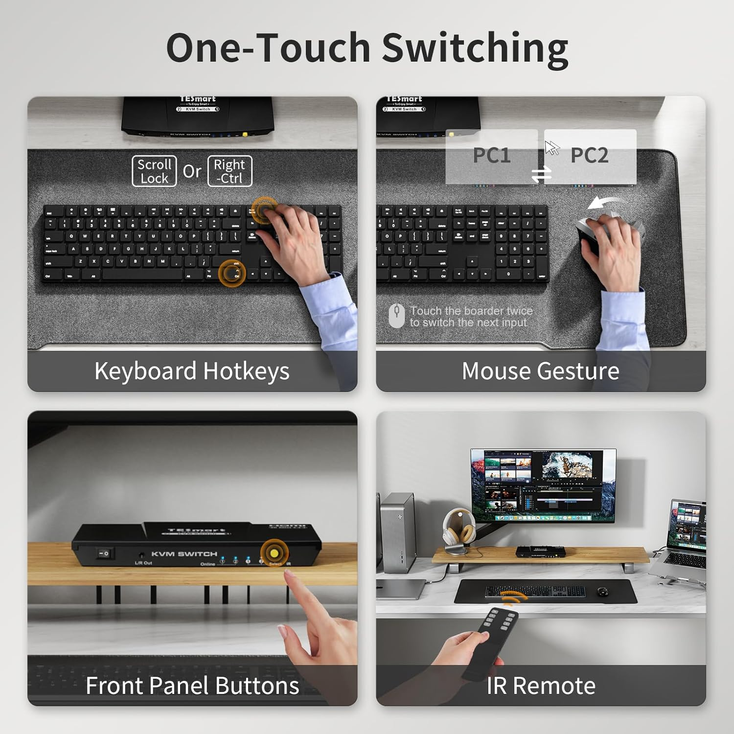 Tesmart KVM Switch 2 Computers 1 Monitor 4K@60Hz, Dual Monitor KVM Switch Support EDID Emulators | USB 2.0 | L/R Audio | 4 Switching Methods with 2 Input Cables for Home Office/Gaming
