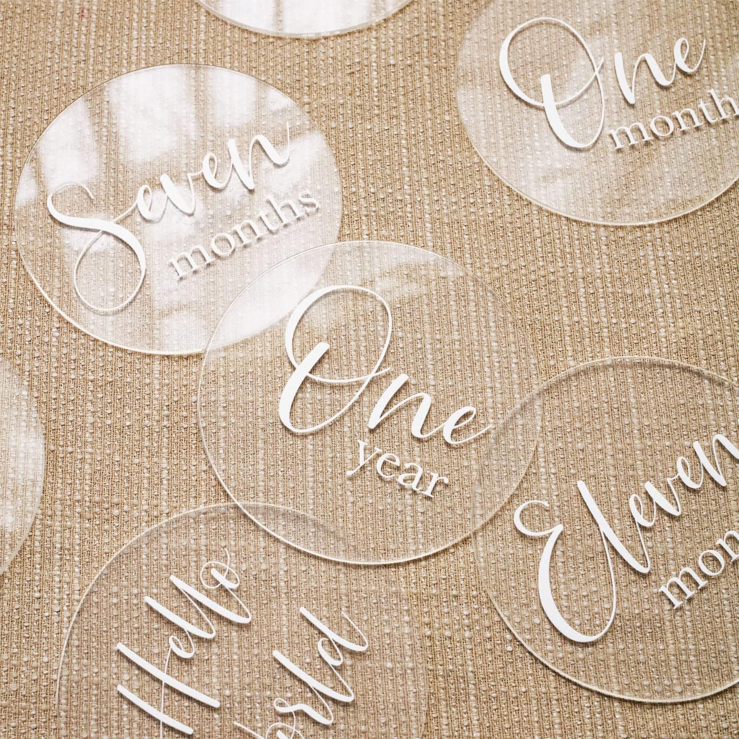 UNIQOOO 13Pcs 4'' Clear Acrylic Monthly Baby Milestone Printed Cards, Photo Props, round Baby Months Growth Sign for Boy, Girl Photography, One Month to One Year & Hello World Card, New Baby Gifts image number 5