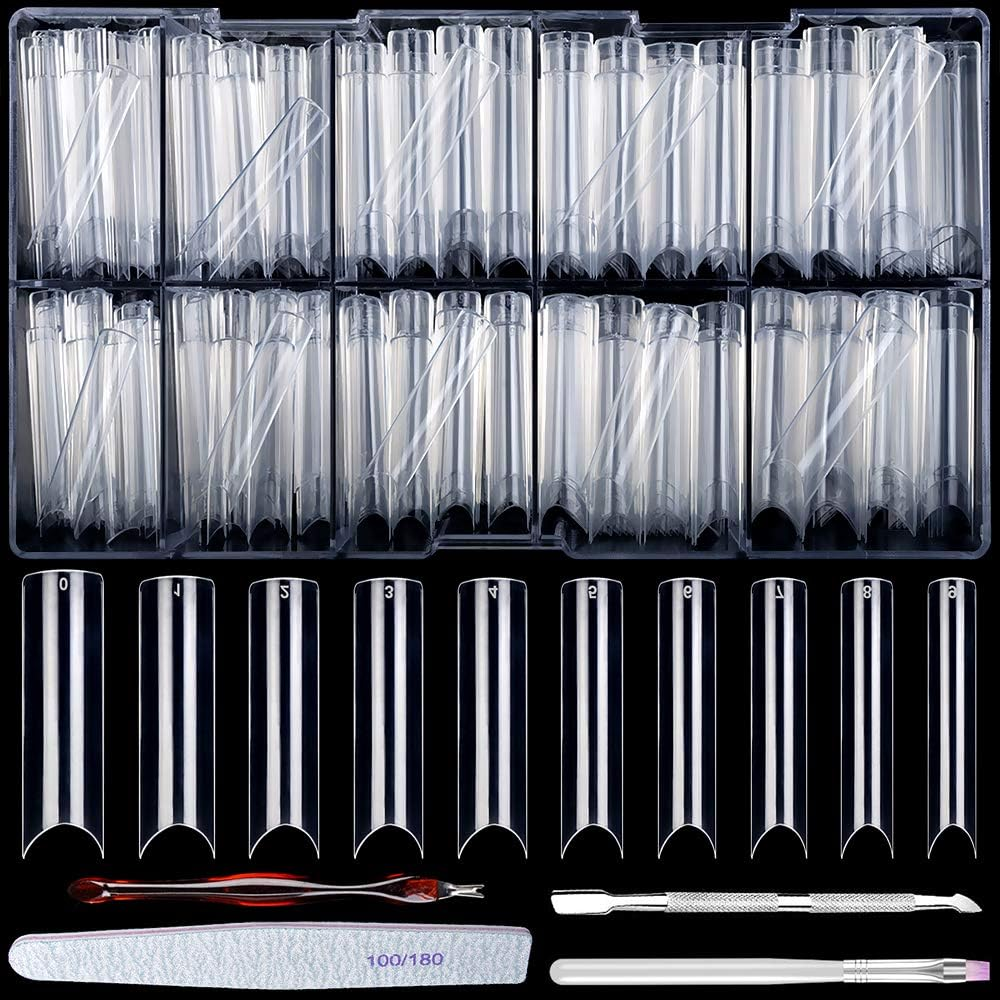 500Pcs Coffin Nail Tips, 10 Sizes Acrylic Poly Nail Extension Gel Tips Half Cover Extension Transparent Long C Curve Nail Tips for Salons and DIY Nail Art with Box (Clear)