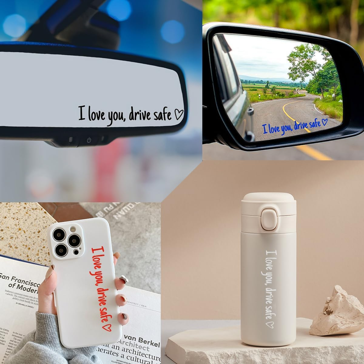 3 PCS I Love You Drive Safe Sticker, Funny Waterproof Car Rearview Mirror Decal with Heart, Self Affirmations Sticker with Drive Safe Letters for Car Window Bumper Women Gift (Blue) - Colorful image number 2