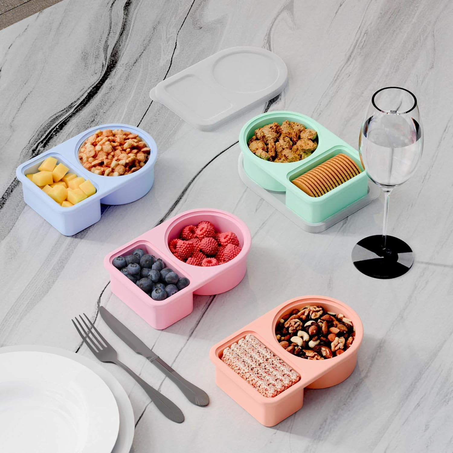 5 Pack Silicone Snack Containers with Lids -Soup Freezer Container Molds-2 Compartments Leak Proof Snackle Boxes, Free Reusable Food Storage for Kids & Adults, Dishwasher Safe image number 4