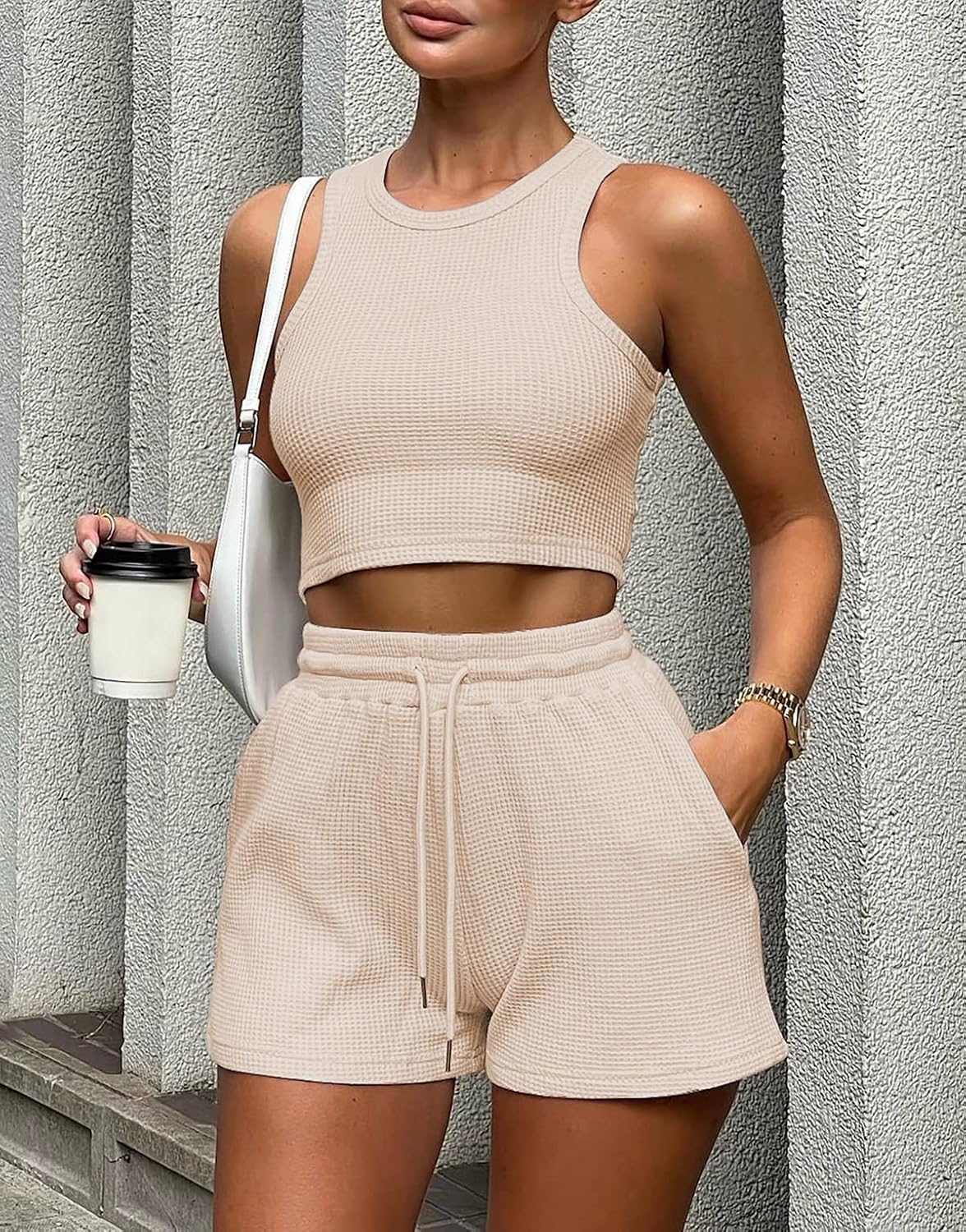 Lingswallow 2 Piece Women Lounge Sets - Sleeveless Crop Top and Shorts Waffle Lounge Set Tracksuits Sweatsuits for Women image number 5