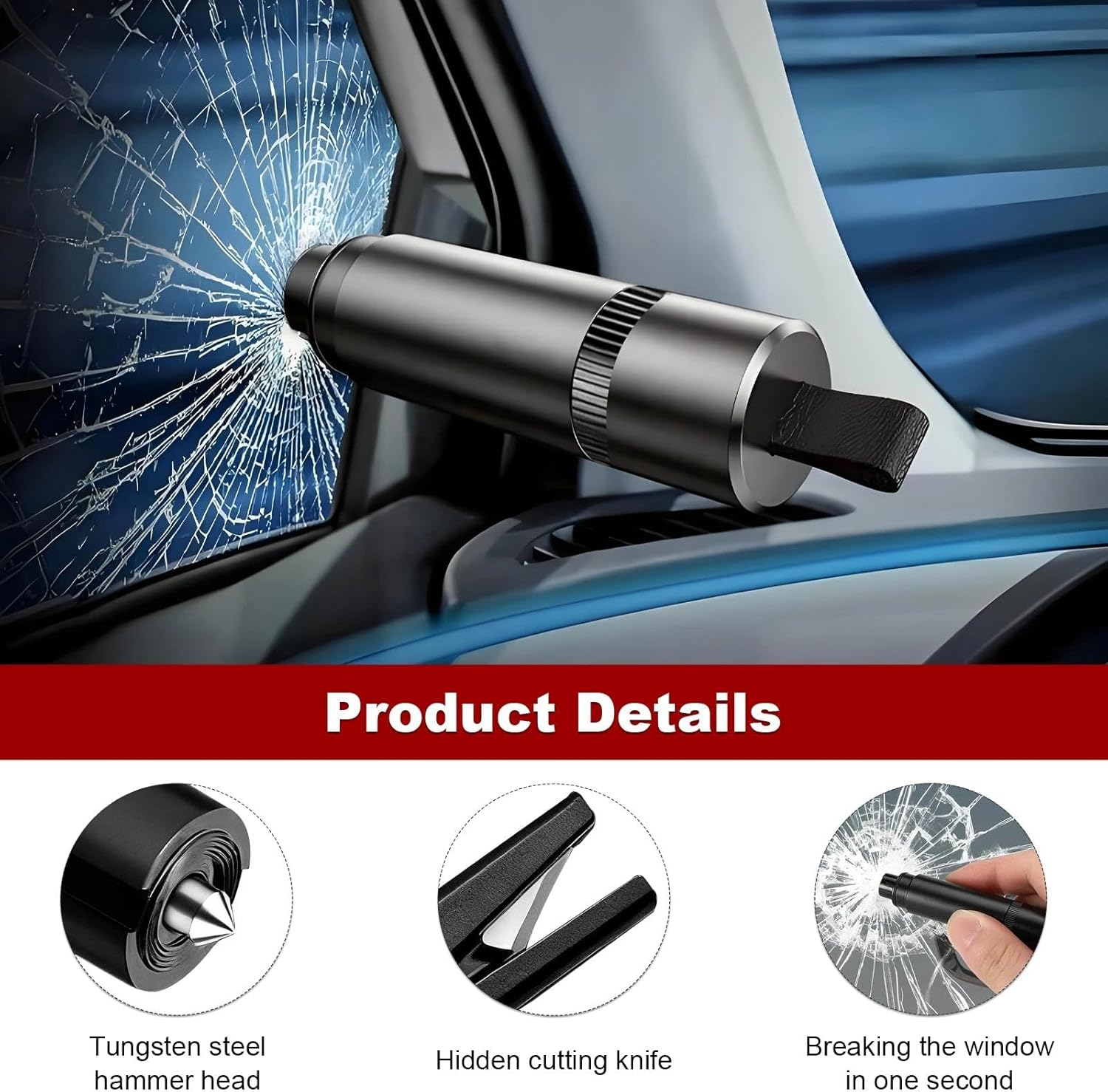 Safe Hero Life Hammer, 2 Pack 2-In-1 Car Window Breaker with Holder, Testing Glass & Survival Whistle, Life Hammer with Seatbelt Cutter for Car Safety, Red and Black