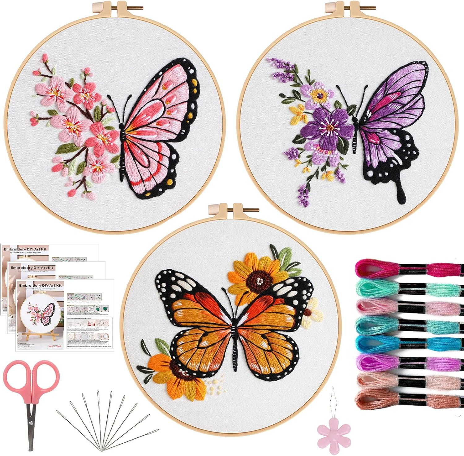 Offizon 3 PCS Embroidery Kit for Beginners - Floral Embroidery Accessories & Hoop Included, Hand Embroidery Kit for Adults Stitching Sewing Kit Gift | Flowera Patterns