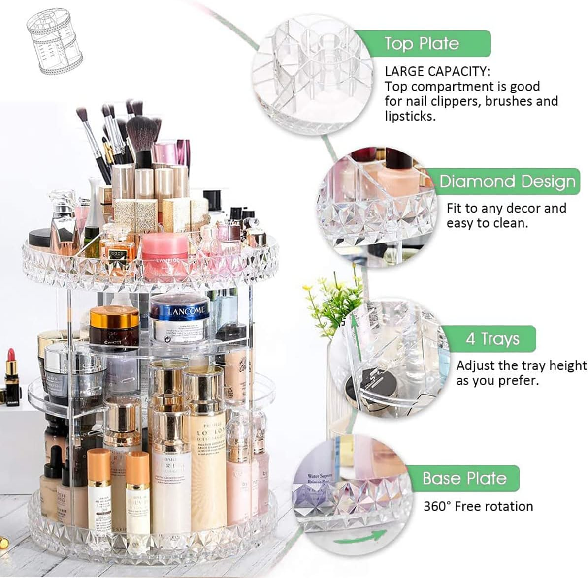 Uandhome Acrylic Makeup Organiser, Rotating 7 Layer Large Capacity Cosmetics Organiser, 360 Degree Cosmetic Organiser Transparent Make up Organisers and Storage Perfect for Dresser Bedroom Bathroom image number 1