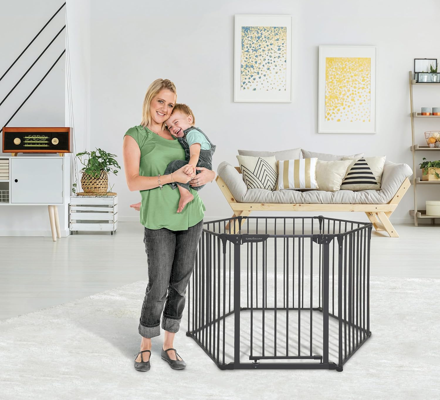 Little Chicks Oxford 3-In-1 Play Yard, Baby Gate, and Fireplace Fence - 151 Inch Extra Wide Baby Gate Barrier - Toddler Playpen - Black image number 3