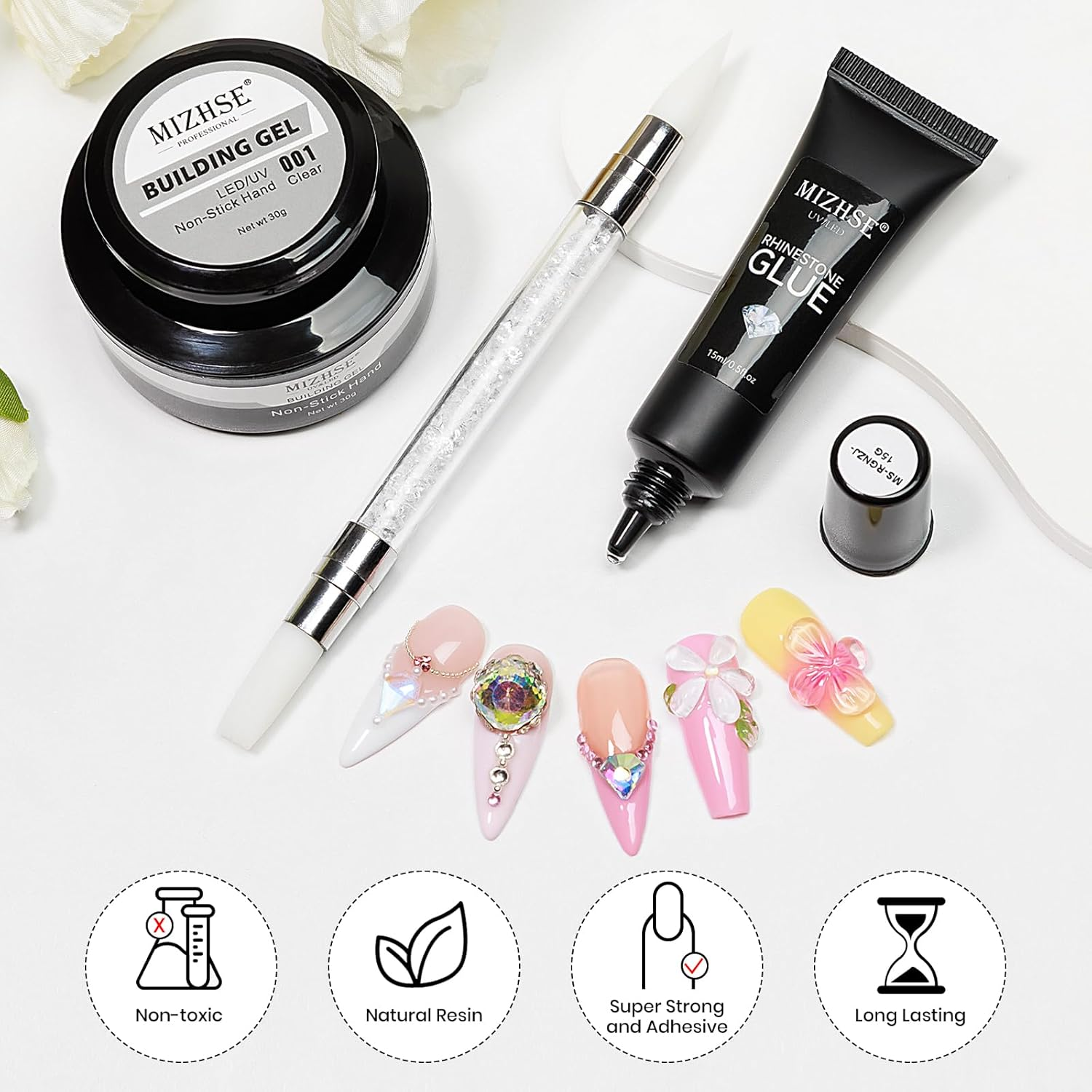 MIZHSE 30G Solid Builder Gel for Nails and 15G Rhinestone Glue for Nails, Clear Nail Builder Gel Hard Gel for Nails 3D Nail Sculpting Gel Non-Sticky U V LED Nail Charm Glue Nail Art Salon Home DIY