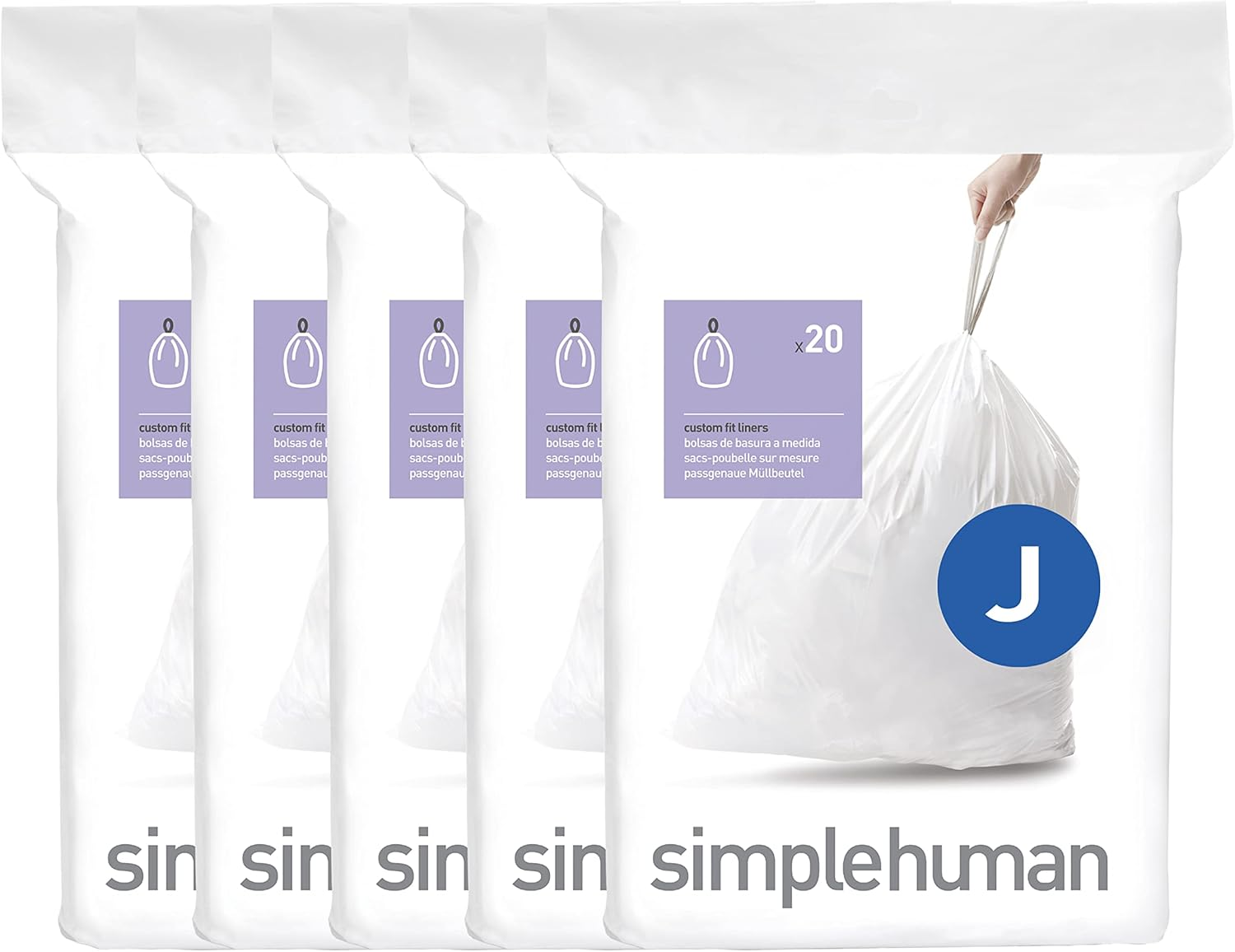 Simplehuman Code J Custom Fit Drawstring Trash Bags in Dispenser Packs, 100 Count, 30-45 Liter / 8-12 Gallon, White image number 3