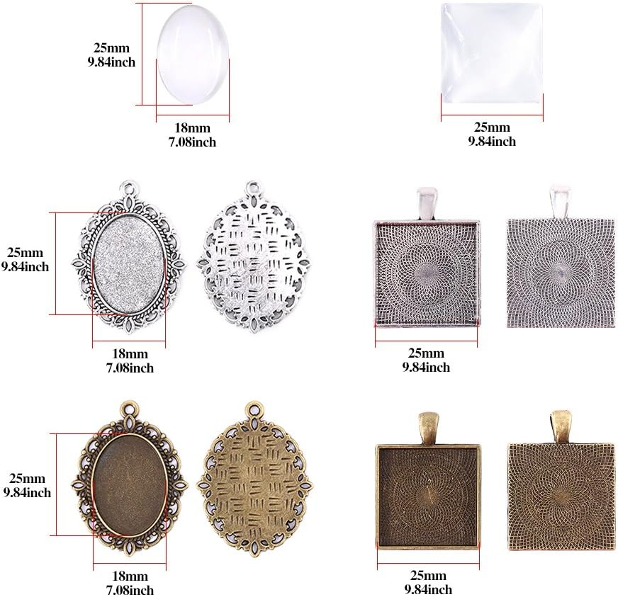 Glarks 48-Pieces Oval and Square Pendant Trays with Glass Cabochon Dome Tiles Clear Cameo for Crafting DIY Jewelry Making, 24 Sets image number 6