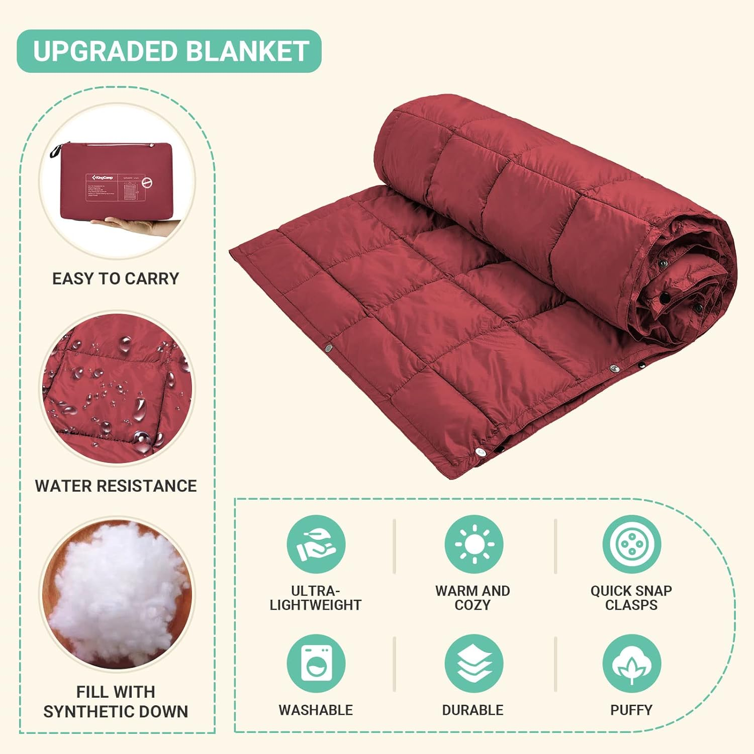 Kingcamp down Camping Blanket - Packable Lightweight Travel Blanket for Cold Weather Backpacking, Compact & Water Resistant & Warm Airplane Quilt 69X53 Red