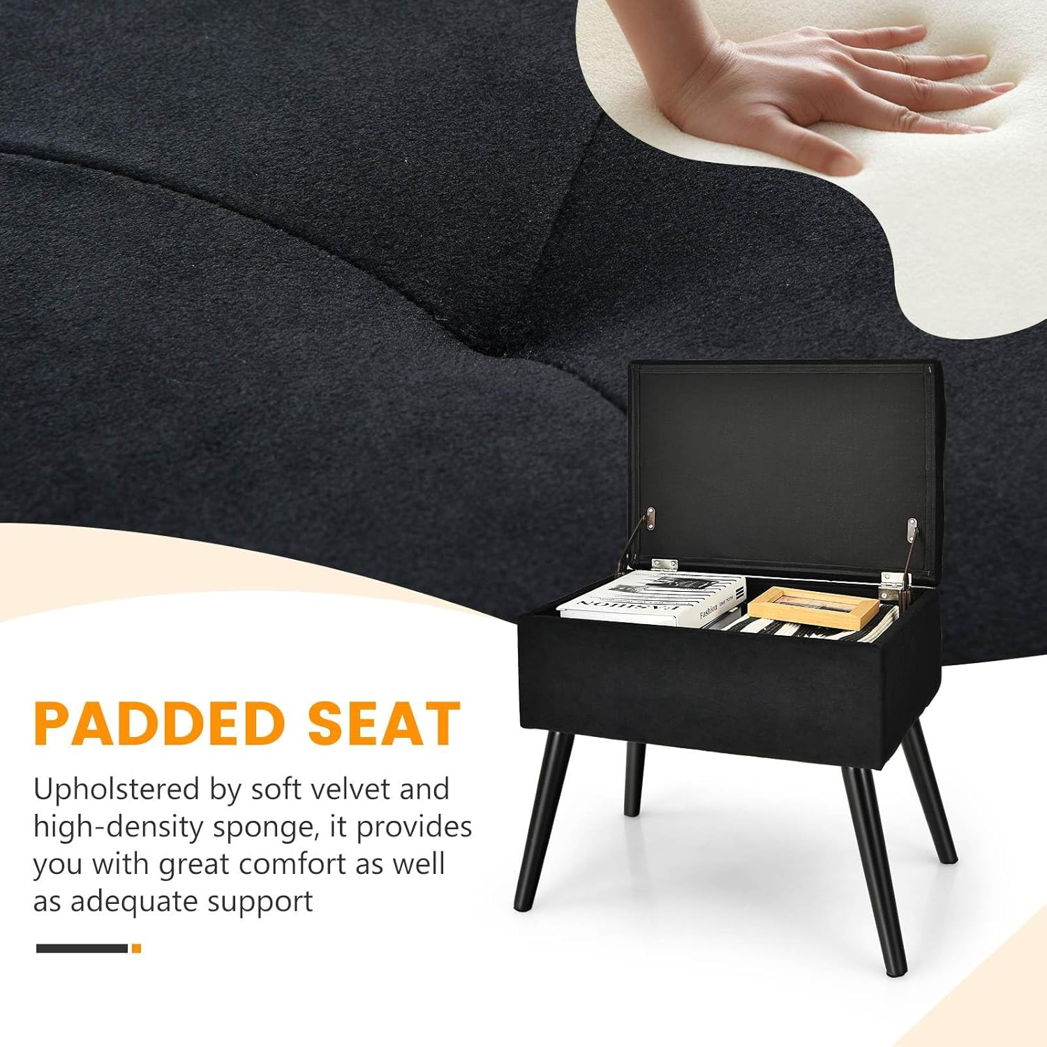 Costway Vanity Stool with Storage, Velvet Ottoman with Solid Wood Legs & Flip-Up Padded Seat, Modern Footrest Stool, Rectangular Shoe Changing Stool for Makeup Room, Entryway & Bedroom image number 2