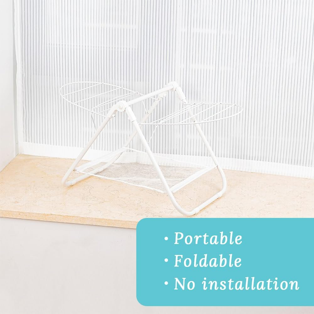 GUDAJIN Compact Tabletop Airer Stand, Folding Winged Hanger Shelf, Dual-Level Laundry Tower for Undergarments, Facecloths, Indoor Washroom, Outdoor Patio, Space-Saving Portable Frame