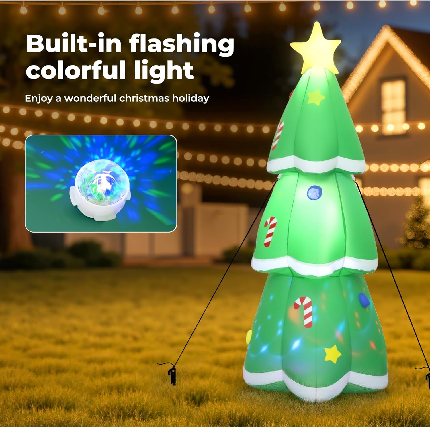 Santaco Christmas Inflatable Xmas Blow up Tree Decoration Built-In Fan, 7-Color Flashing LED Lights & Music,Lighted Star Treetop,For Holiday Party Gifts, Yard, Backyard, Home Garden Decor, 150CM image number 6