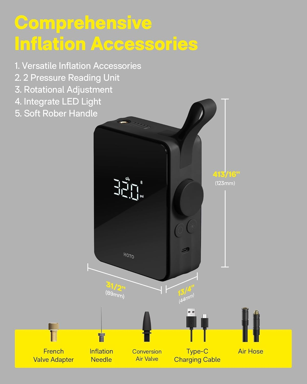 HOTO Tire Inflator Portable Air Compressor, 150 PSI Tire Inflator, Digital Display，Emergency LED Light for Bicycle, E-Bike, Car, Ball, Motorbike image number 4