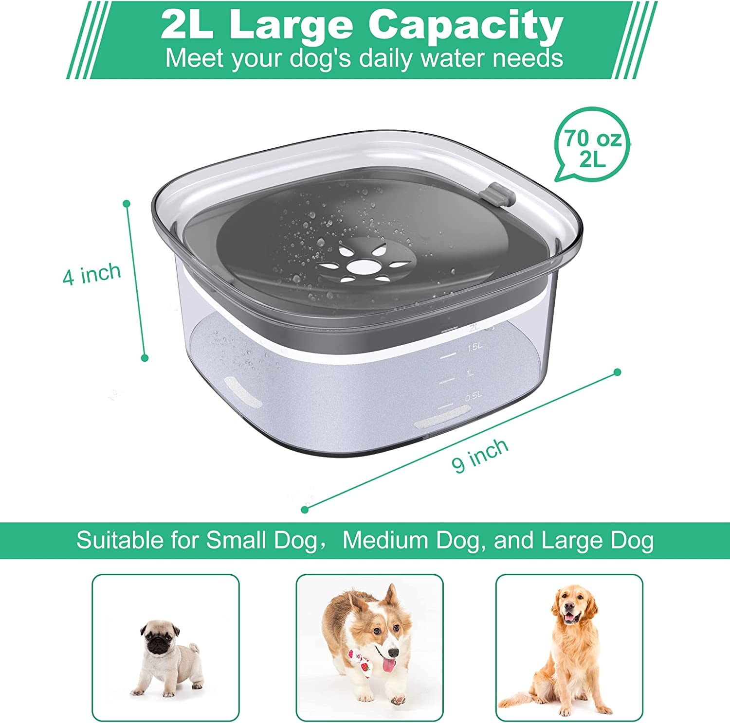 Decflow 2L Dog Water Bowl, Large Capacity Spill Proof Dog Bowl, Anti-Choking No Spill Water Bowl with Slow Water Feeder, Vehicle Carried Travel Water Bowl for Dogs, Cats & Pets image number 6