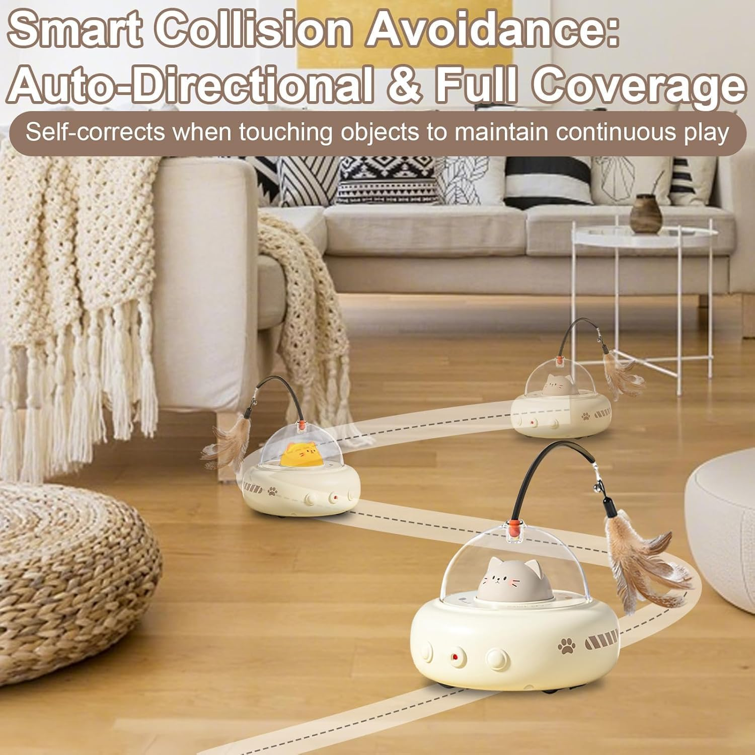 UFO Mia Rechargeable 2‑In‑1 Cat & Kitten Gift Toy with Laser & Feather Wand, Motion‑Activated Random 360&deg; Movement & Auto Sleep Mode &ndash; Interactive Indoor Cat Toy (Beige) image number 4