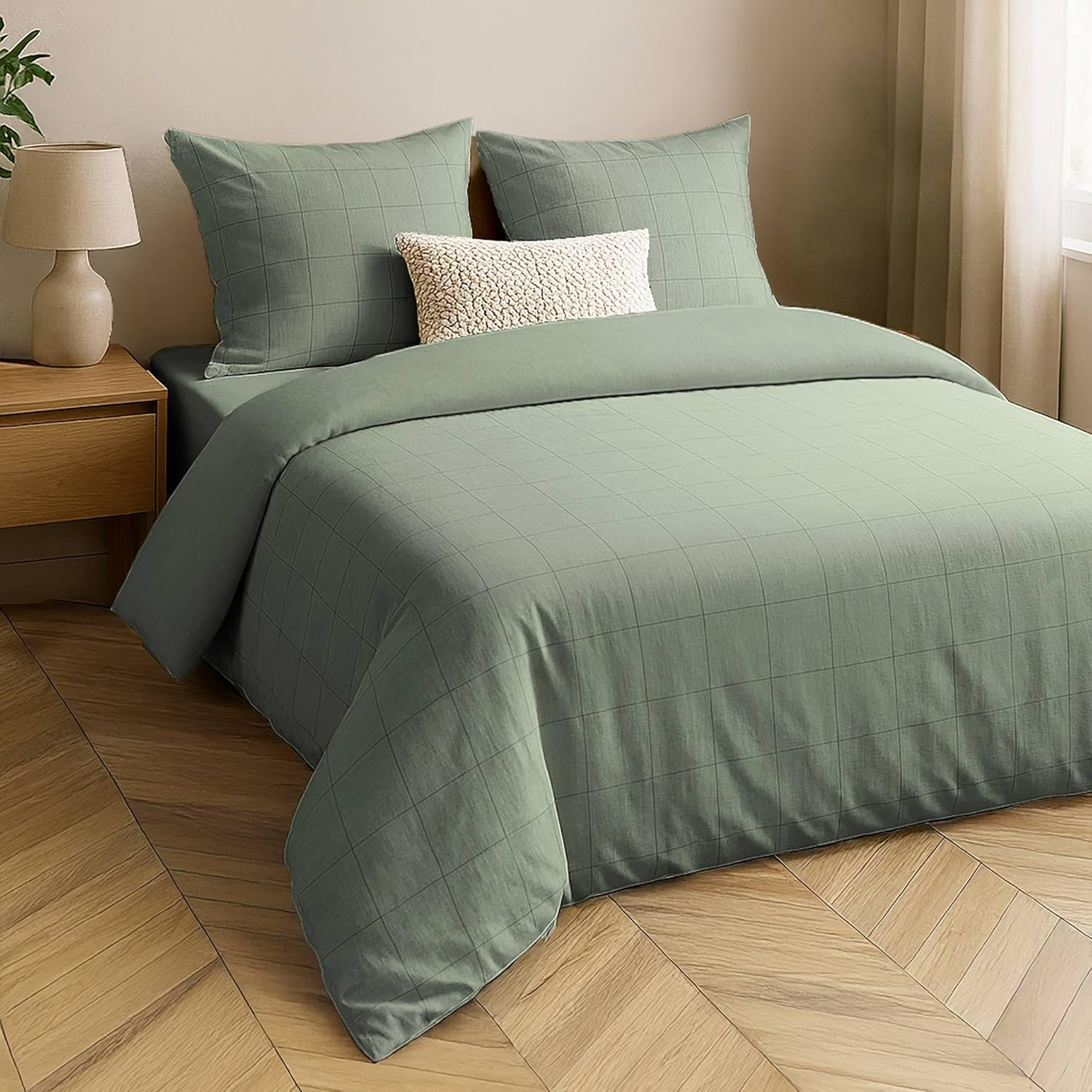 Douceur D'Int&eacute;rieur, 3 Piece Bedding Set (240 X 220 Cm) Linella Sage 100% Cotton Washed