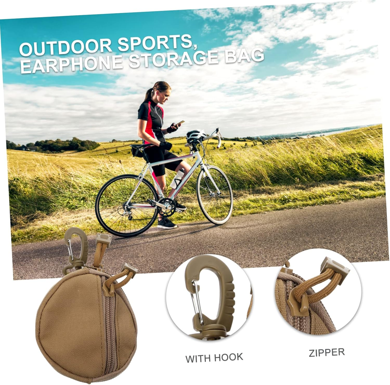 Outanaya Portable Coin Purse and Utility Pouch, Polyester Storage Bag with Hanging Strap, Brown Compact Earphone Carry Case for Outdoor Sports and Travel - Black image number 4