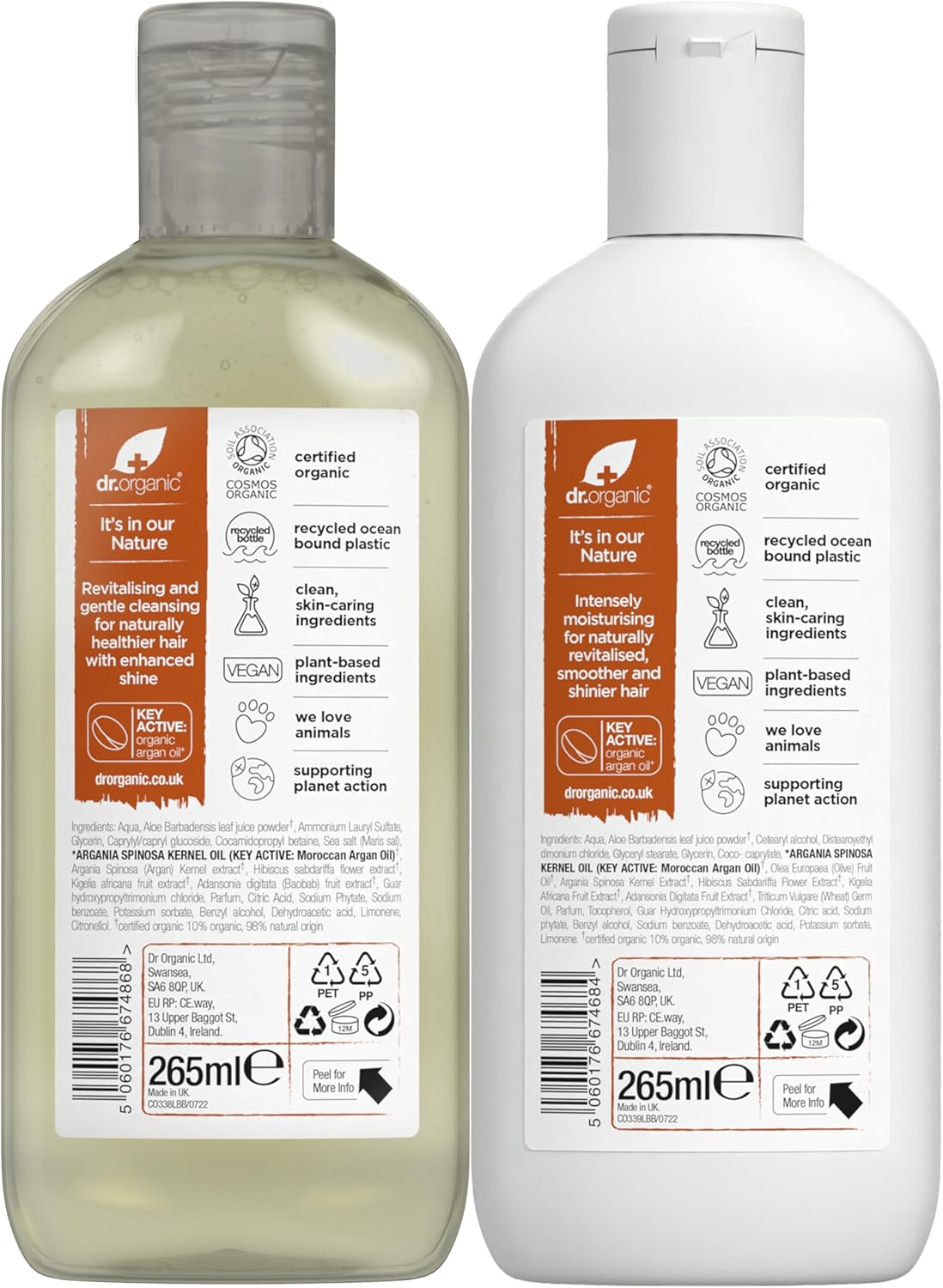 Dr Organic - Moroccan Argan Oil Shampoo & Conditioner Set with Travel Bag - Women'S & Men'S Skincare - Revitalise, Moisturise & Nourish - Vegan, Cruelty, Paraben & SLS Free - 265 Ml & 265 Ml - Bundle image number 1