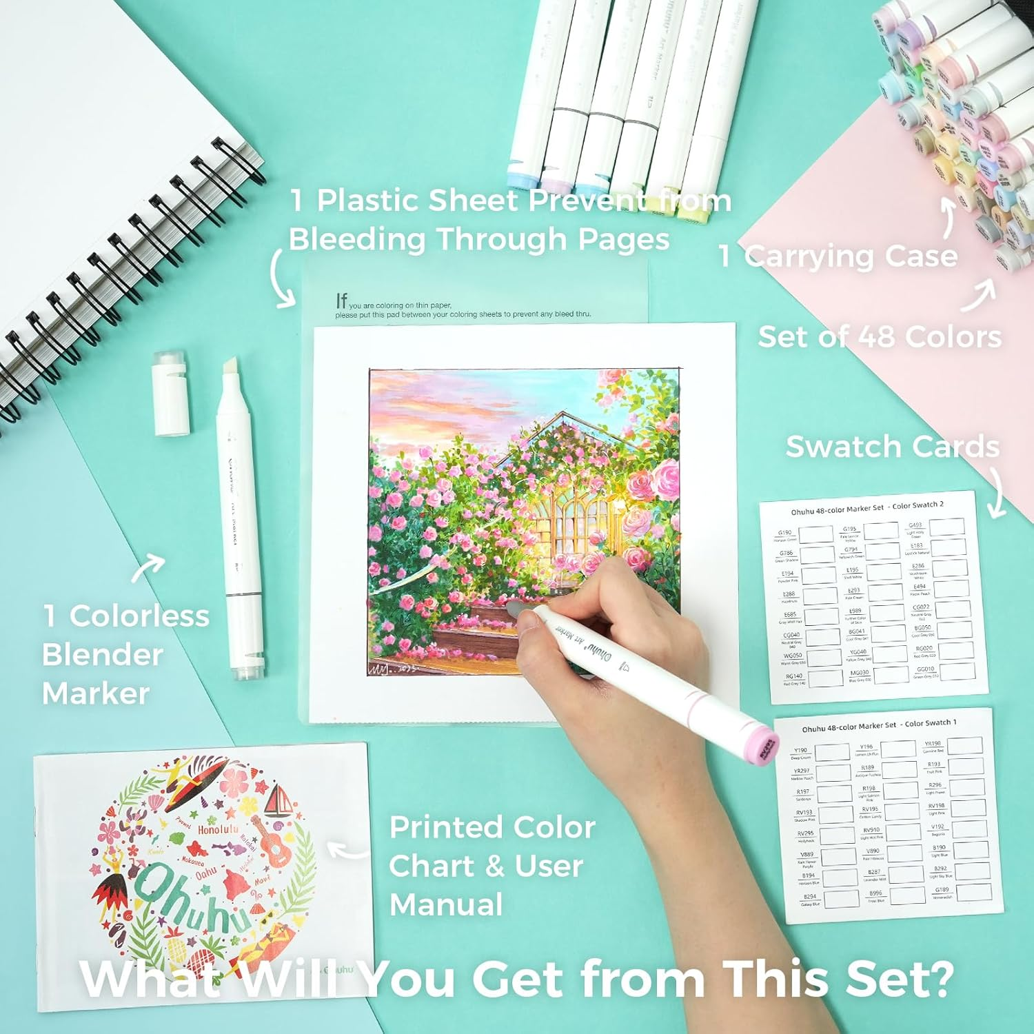 Ohuhu Alcohol Markers 48 Pastel Colors- Double Tipped Art Marker Set for Artists Adults Coloring Sketching Illustration - Chisel & Fine Dual Tips - Oahu of Ohuhu Markers - Alcohol-Based Refillable Ink image number 1