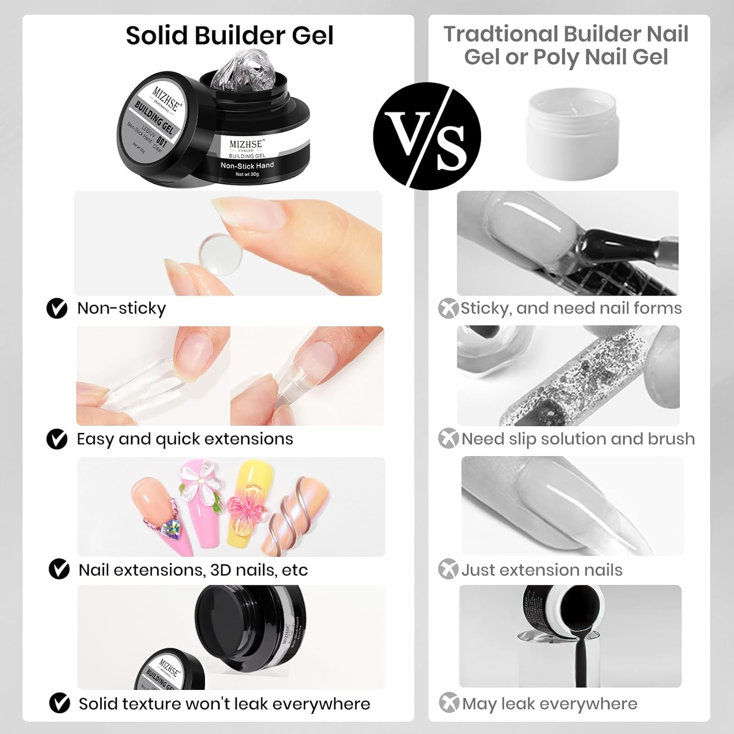 MIZHSE 30G Solid Builder Gel for Nails and 15G Rhinestone Glue for Nails, Clear Nail Builder Gel Hard Gel for Nails 3D Nail Sculpting Gel Non-Sticky U V LED Nail Charm Glue Nail Art Salon Home DIY image number 2