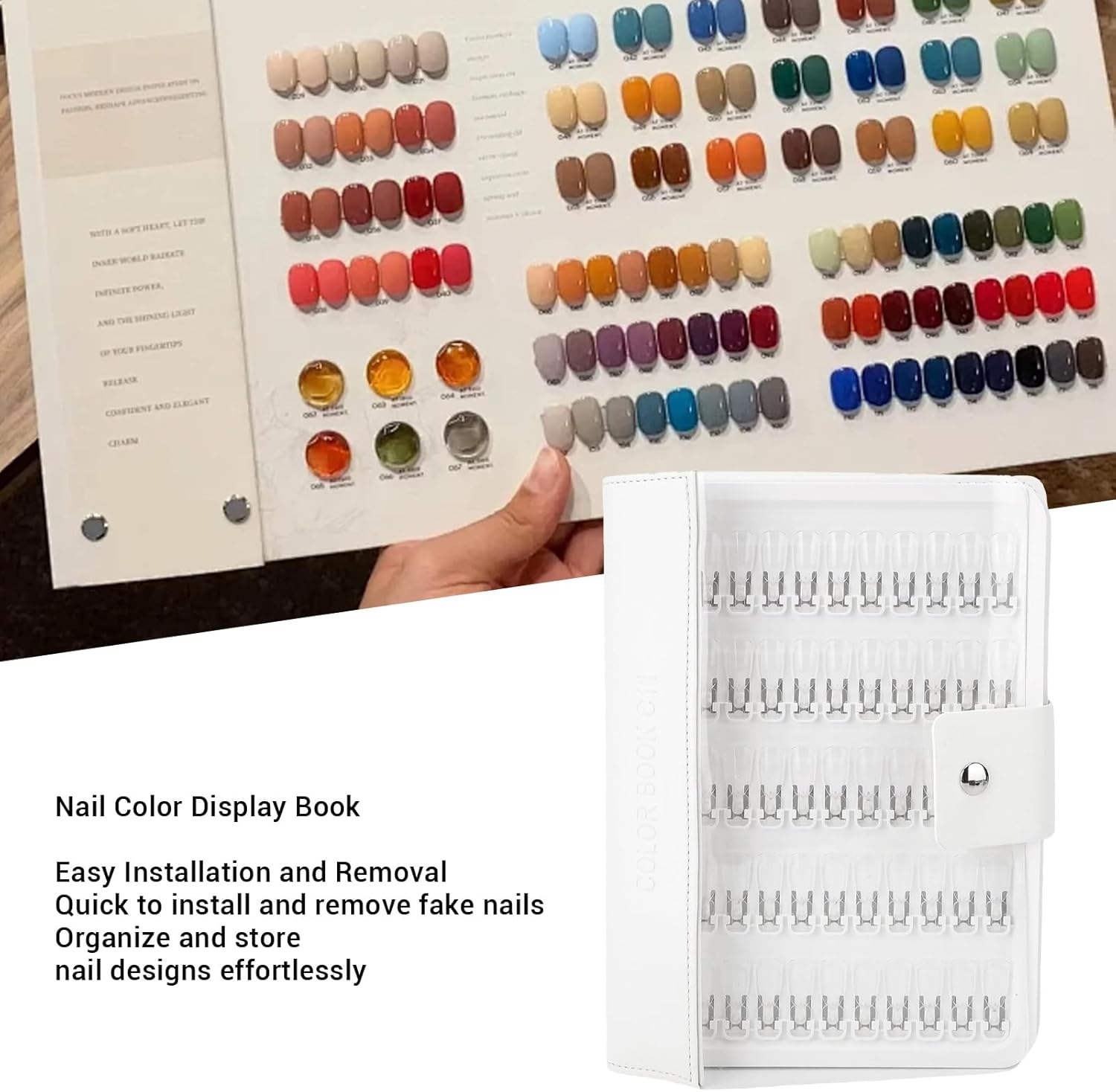 Depisuta 150 Colors Nail Art Sample Book with Compact Design, ABS PU Leather Material, Nail Swatches Organizer with Fixed Plastic Plate, 23X18Cm, for Home DIY Salon