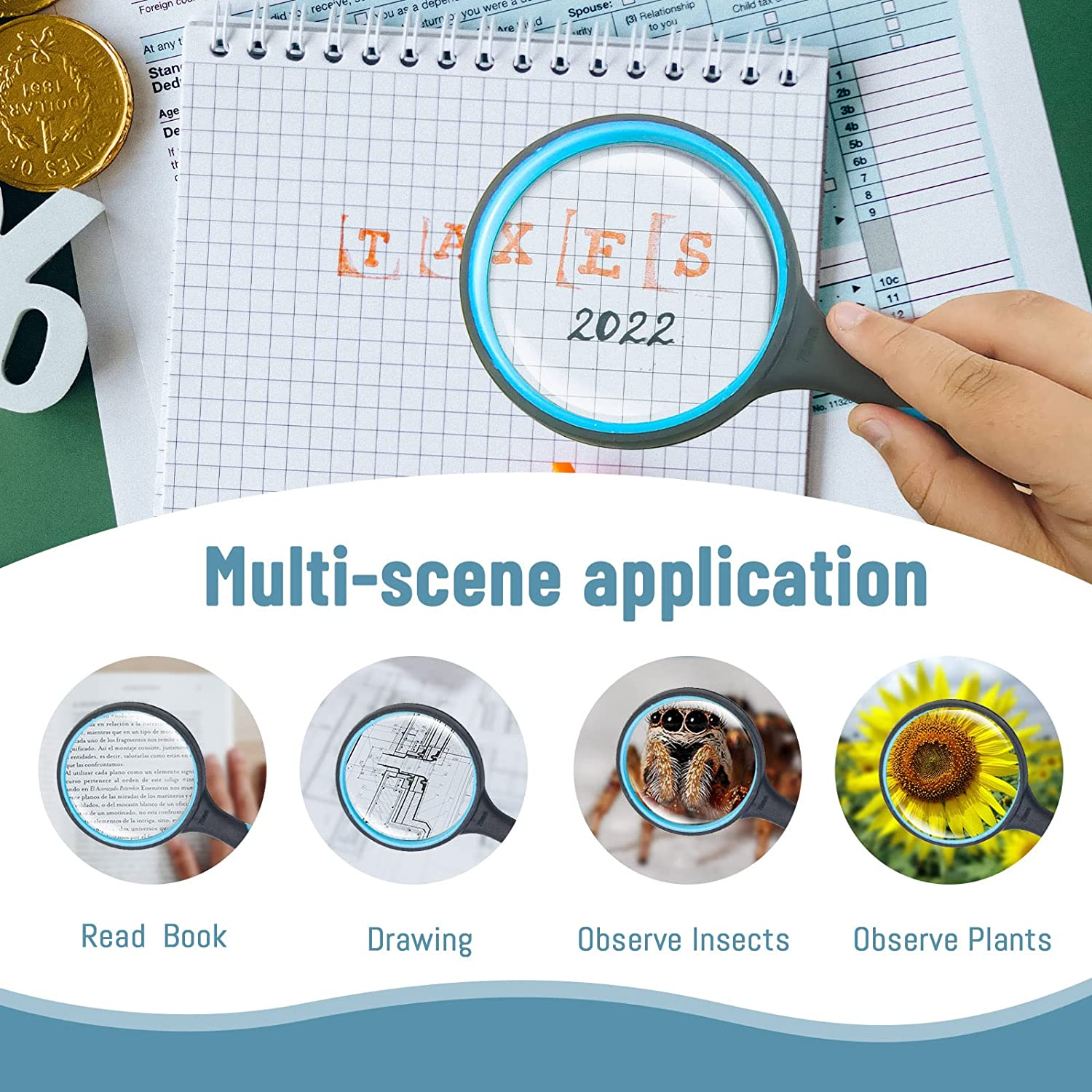 10X Magnifying Glass, Handheld Magnifier, HD 75Mm round Magnifying Lens, Reading Magnifier with Non Slip Handle, Shatter Proof Magnify Glass for Reading Observing (1Pcs) image number 4