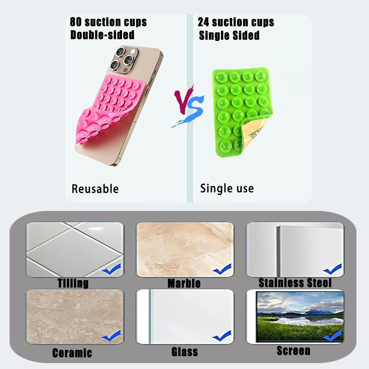 3Pcs Double-Sided 80 Independent Suction Cups Suction Phone Case,Silicone Non Slip Repeat Used Suction Cup Phone Mount.Hands-Free Phone Accessories Holder for Selfies and Videos (Black,Blue,Yellow) image number 6