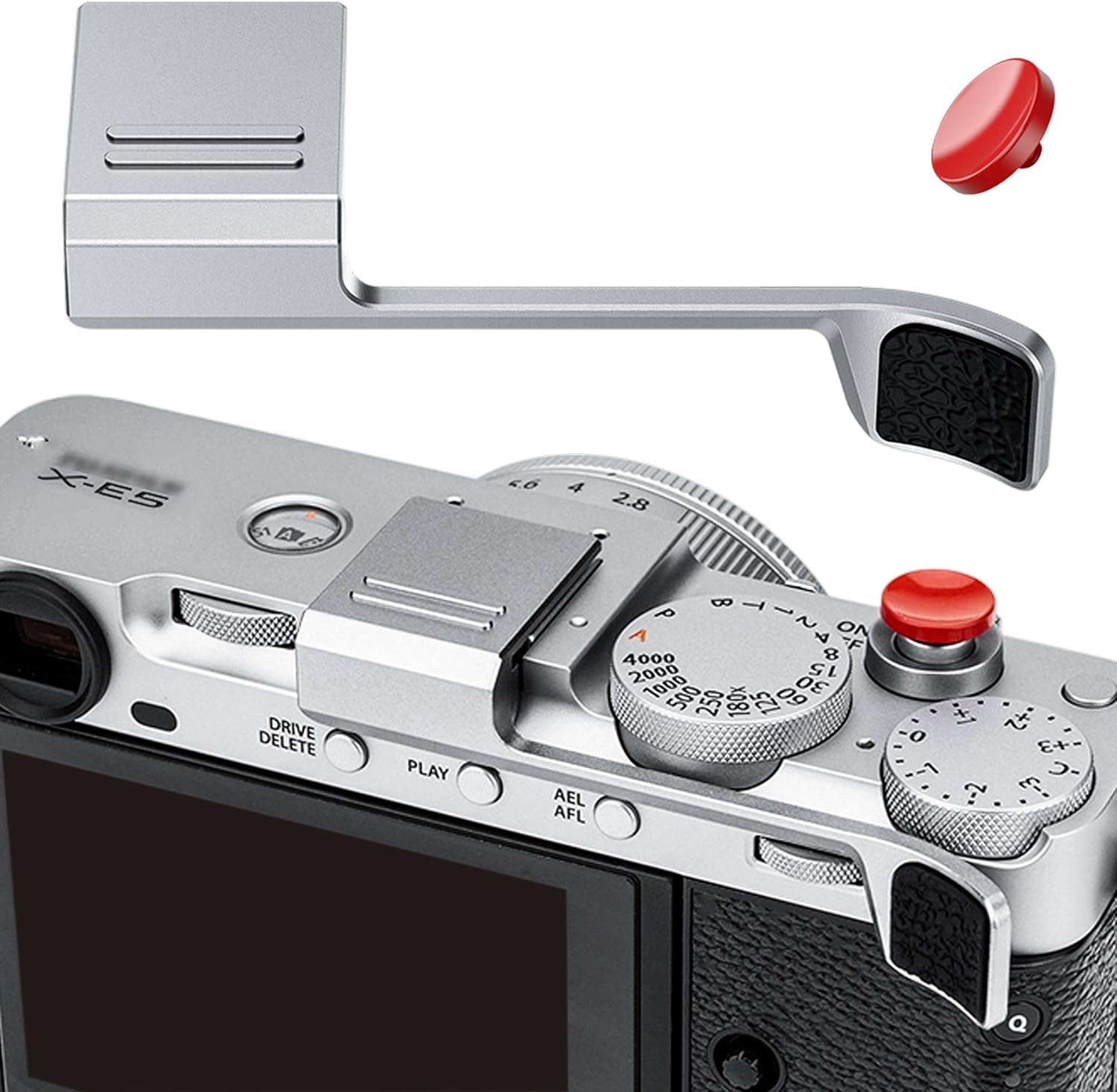 Thumb up Grip with Shutter Button for Fuji Fujifilm X-E5 XE5 Mirrorless Camera, Aluminum Alloy X-E5 Thumb Grip with Hot Shoe Cover Protector Thumb Rest Support Holder Not Affect the Use of Dial-Silver