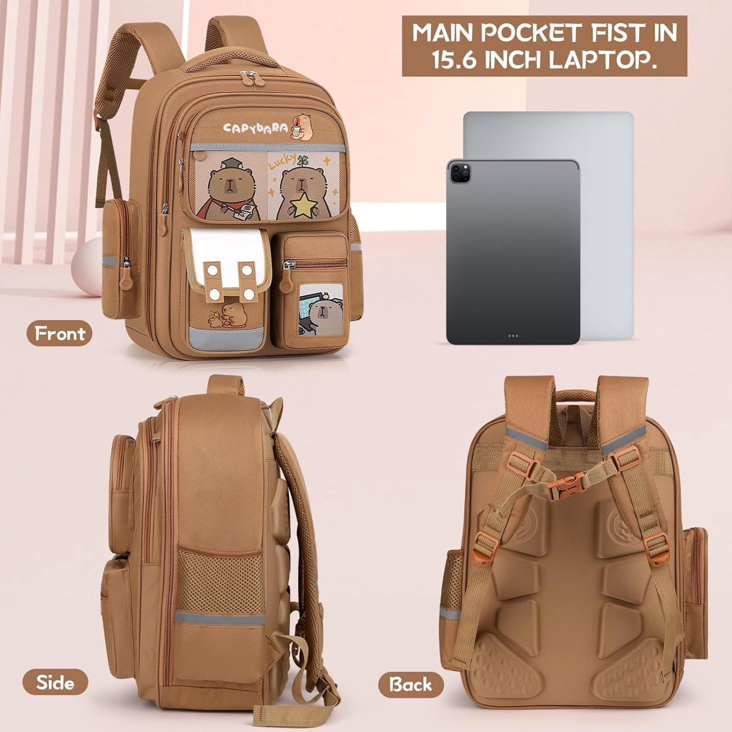 Mochila Capybara Backpack for School Kindergarten Kids Cute Cartoon Large Size Travel Book Bag with Suppes Stationery Set 1 Pencil Case Three Cards 6 Badges and 1 Plush Pendant Brown Schoolpack image number 2