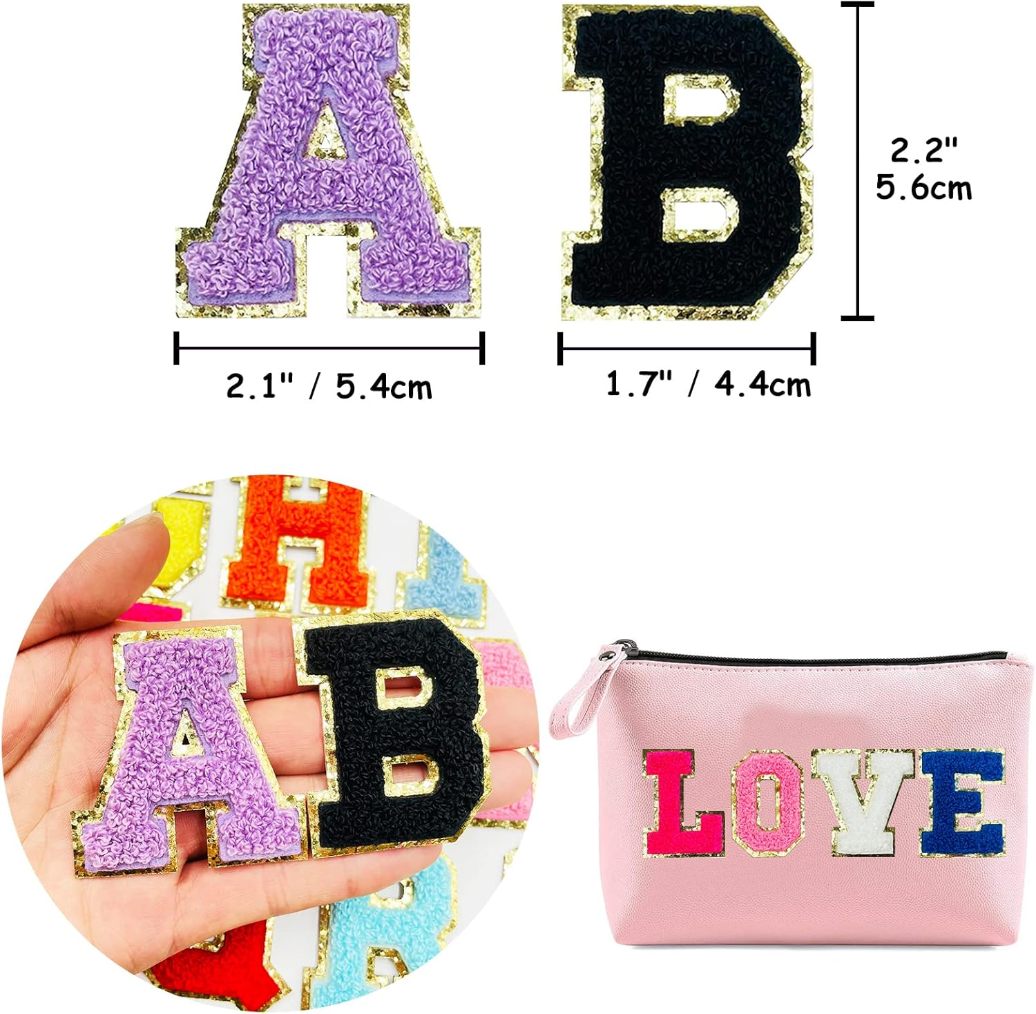 Jongdari Chenille Letter Patches Self-Adhesive & Iron-On Letters, 52Pcs Varsity Fuzzy Patch Glitter Alphabet - 26Pcs, Multicolored image number 5