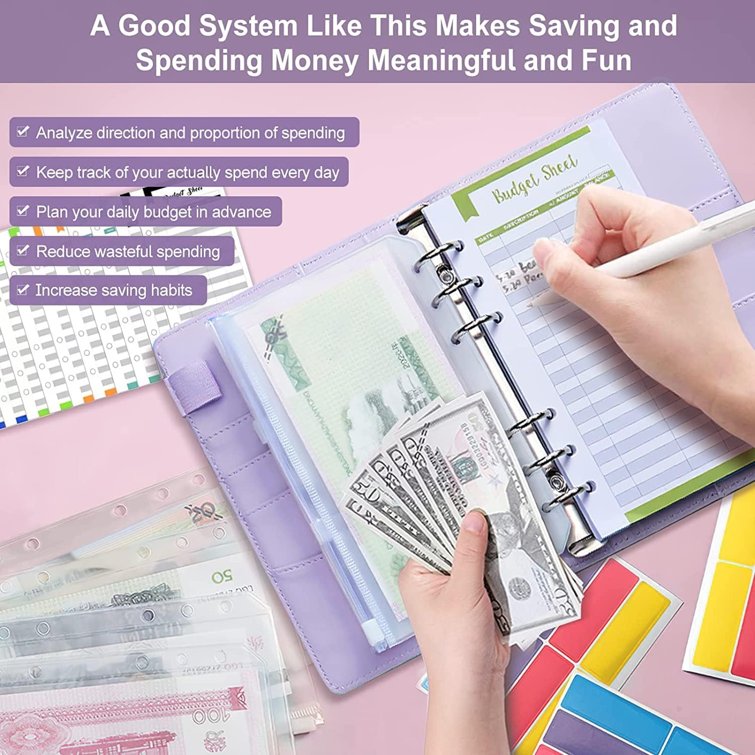 Budget Binder with Cash Envelopes for Budgeting, A6 Size, 12Pcs Budget Planner, Zipper Envelopes (Purple-White) image number 3
