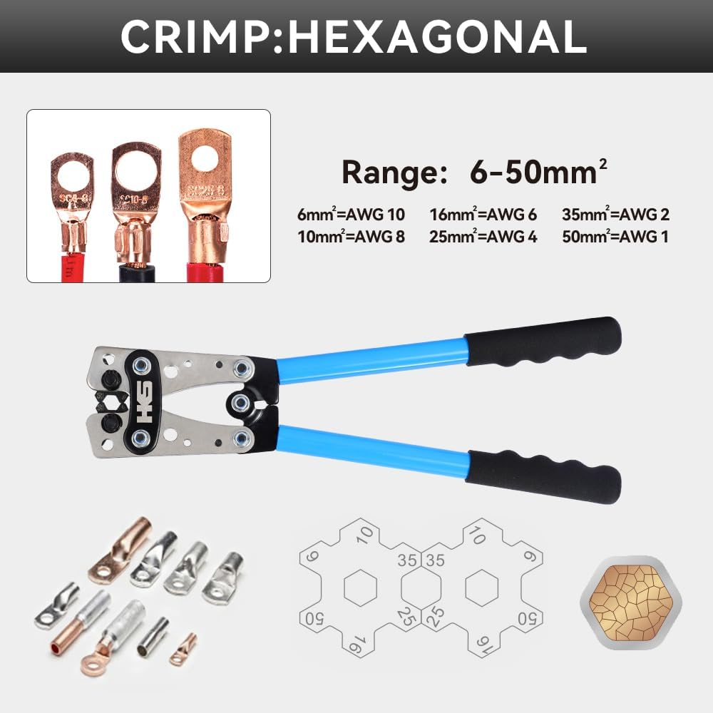 Aucent Battery Cable Lug Crimping Tool Wire Crimper with 60Pcs Lugs and Wire Cutter AWG 10-1/0 for Copper Ring Terminals image number 1